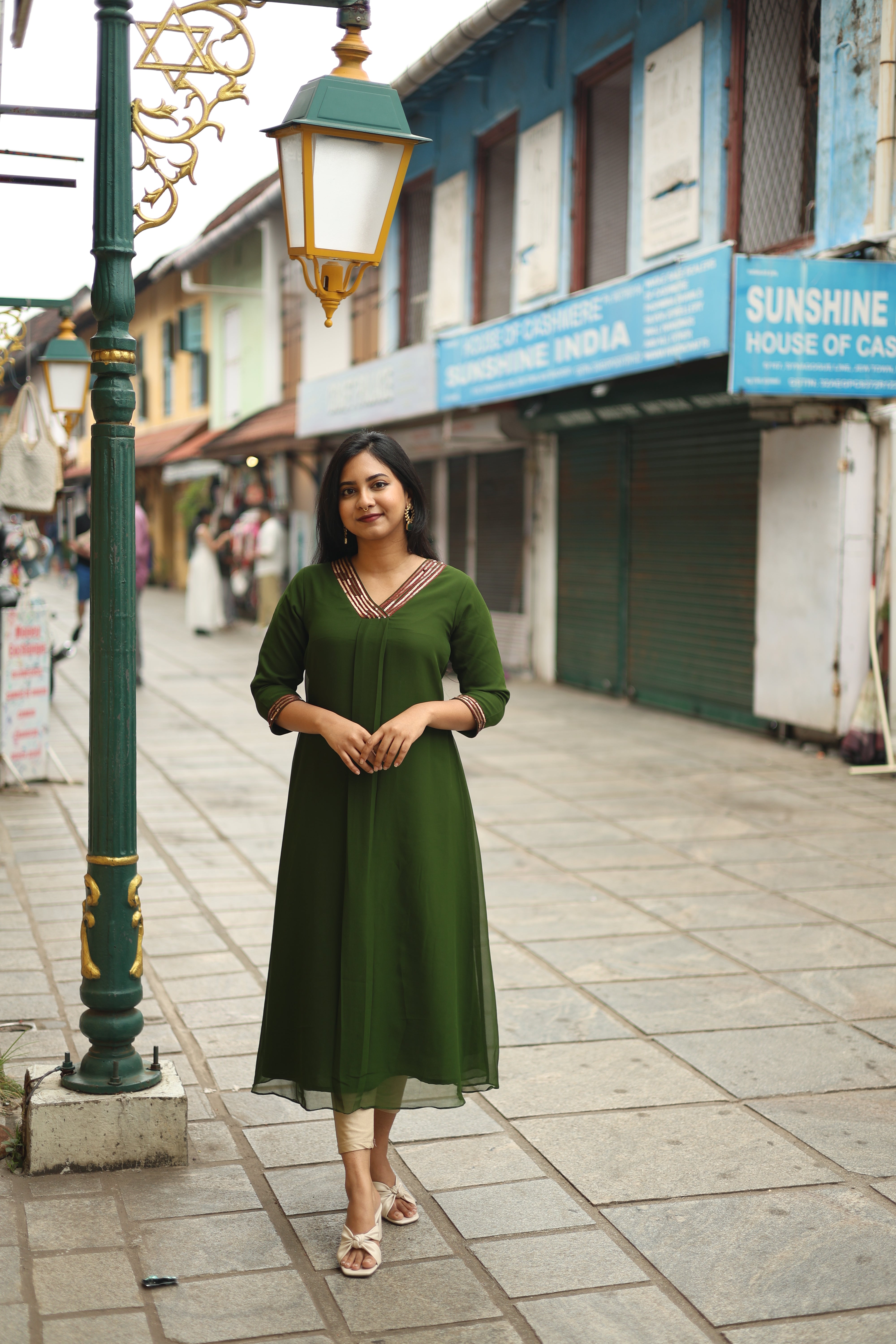 Fox Georgette A-Line Kurti: Sequin V-Neck Elegance-Green.