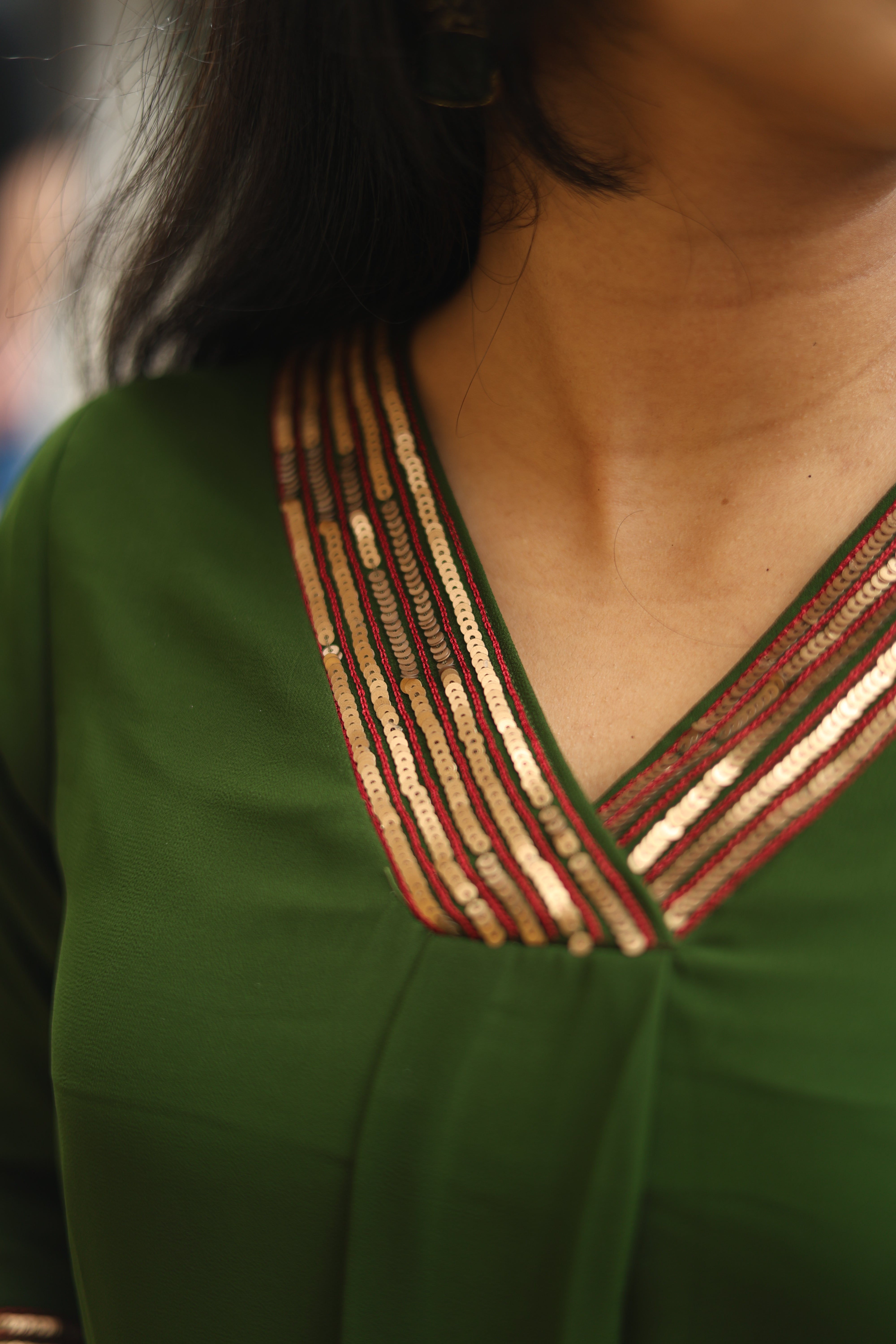 Fox Georgette A-Line Kurti: Sequin V-Neck Elegance-Green.