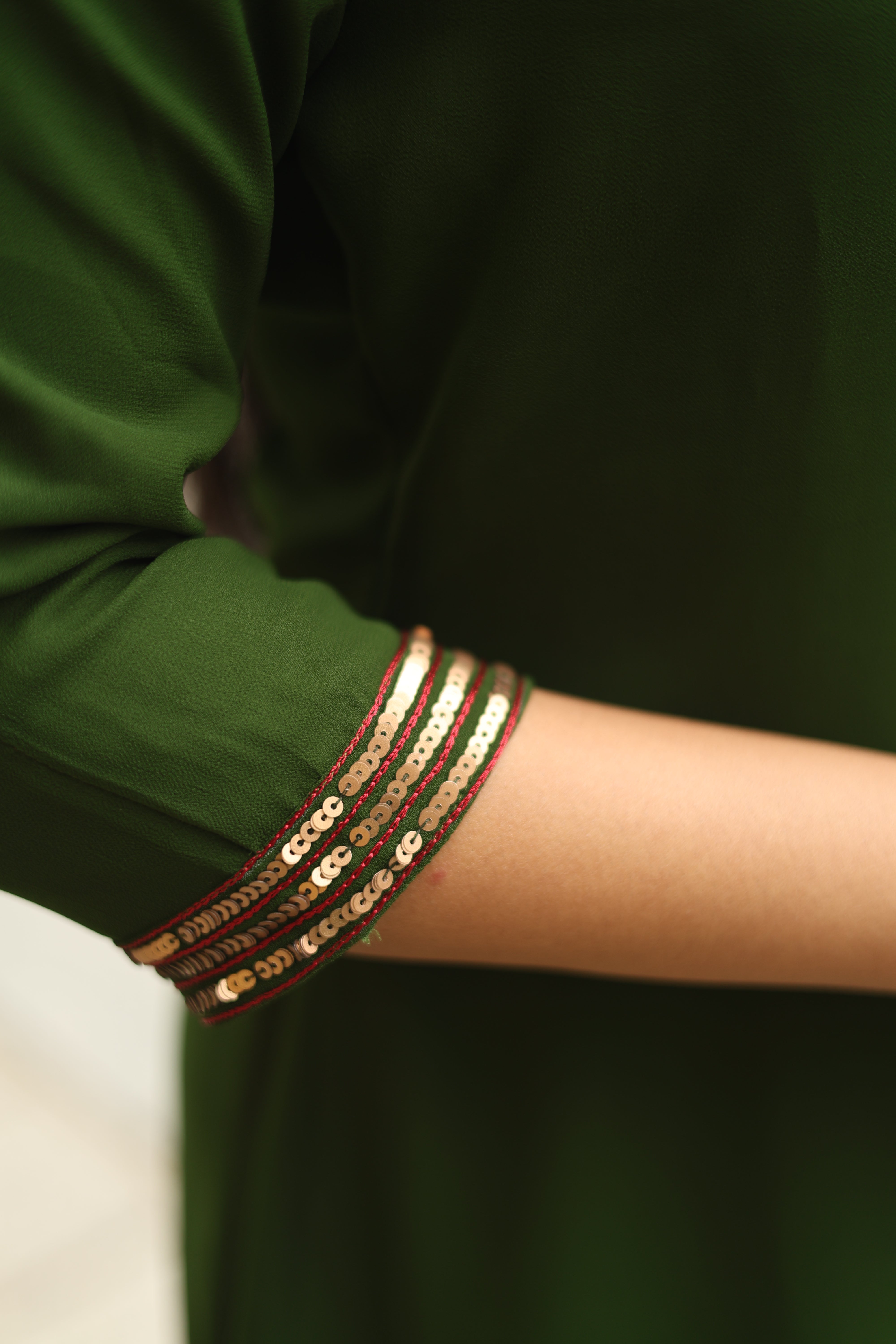 Fox Georgette A-Line Kurti: Sequin V-Neck Elegance-Green.