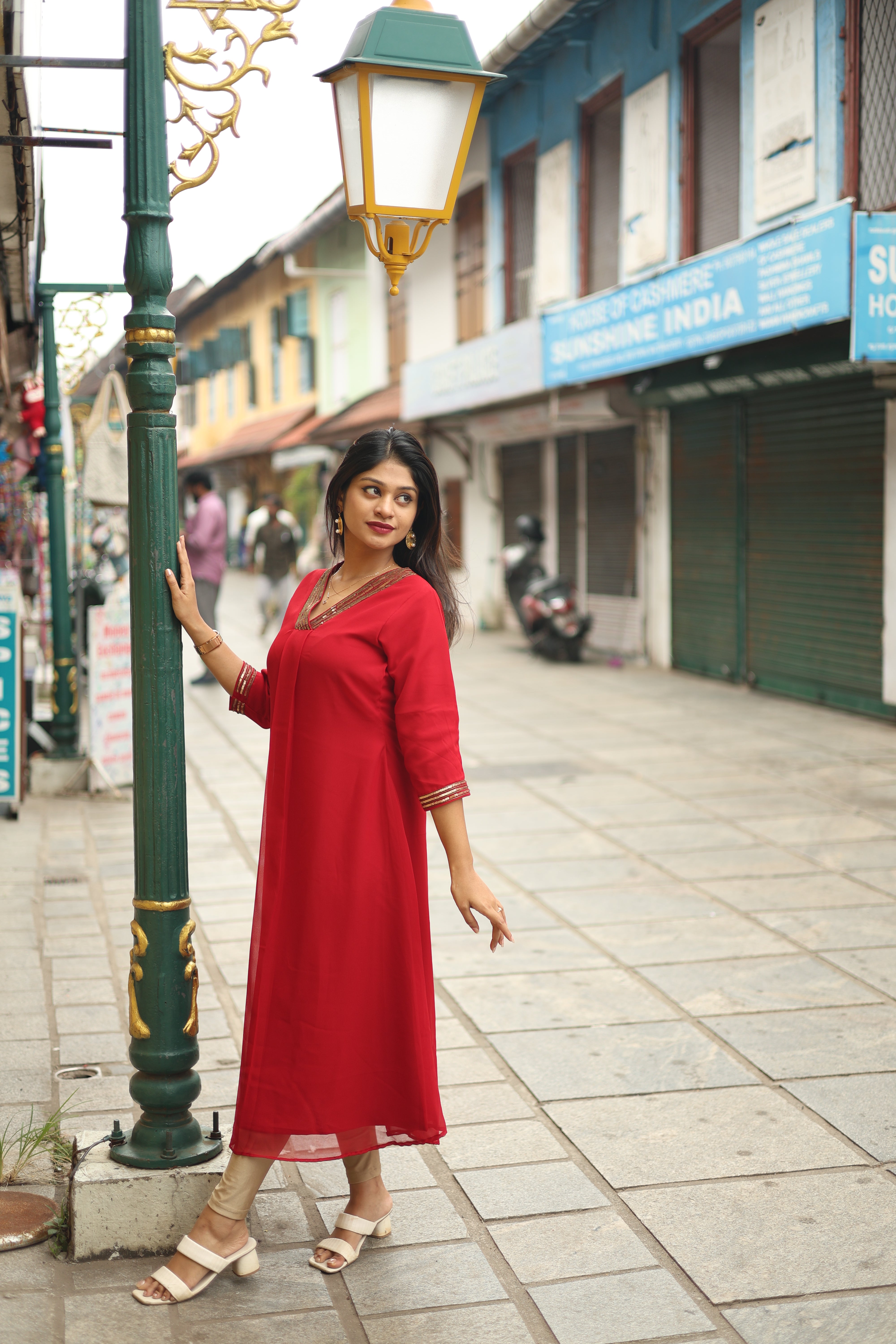 Fox Georgette A-Line Kurti: Sequin V-Neck Elegance-Red