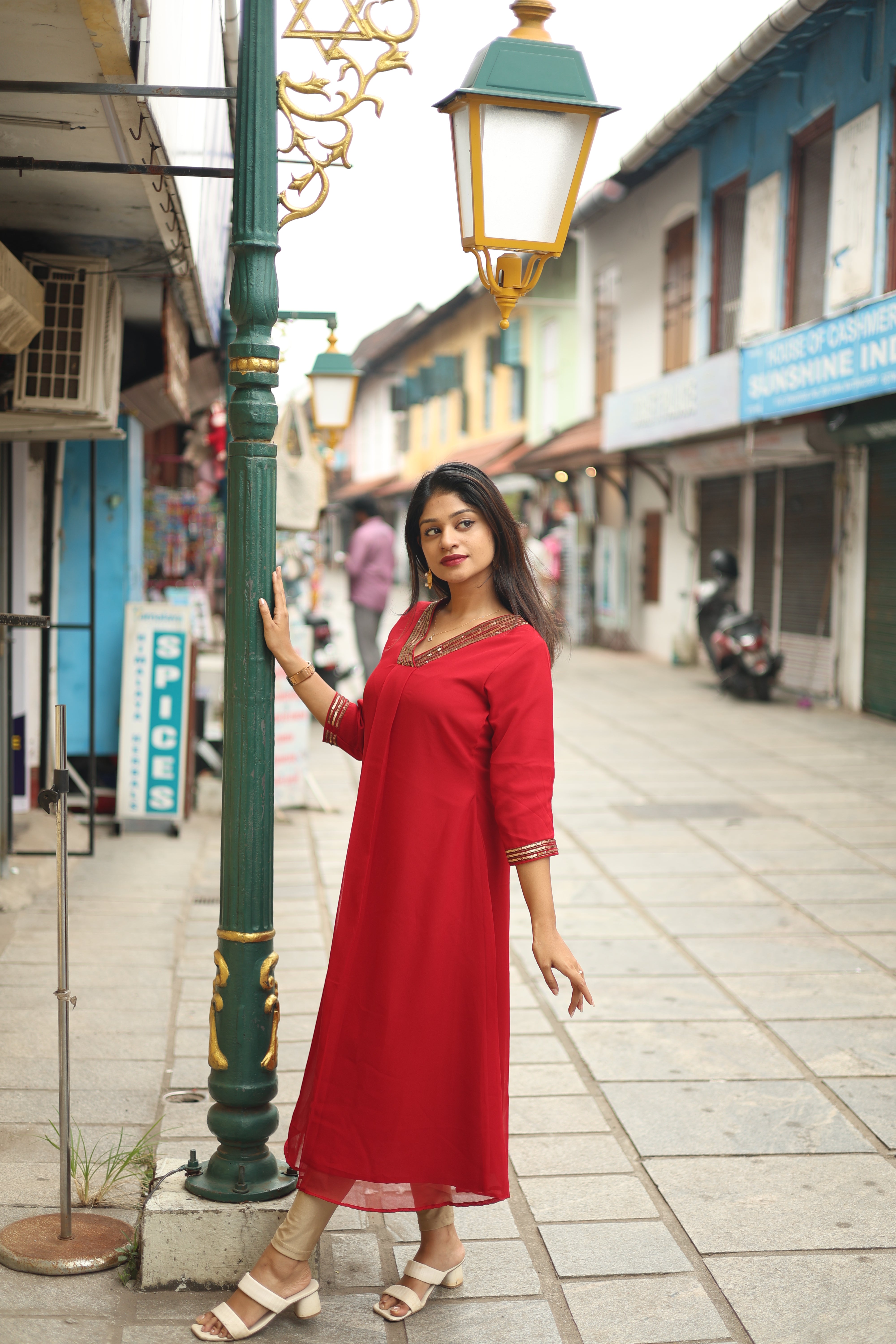 Fox Georgette A-Line Kurti: Sequin V-Neck Elegance-Red