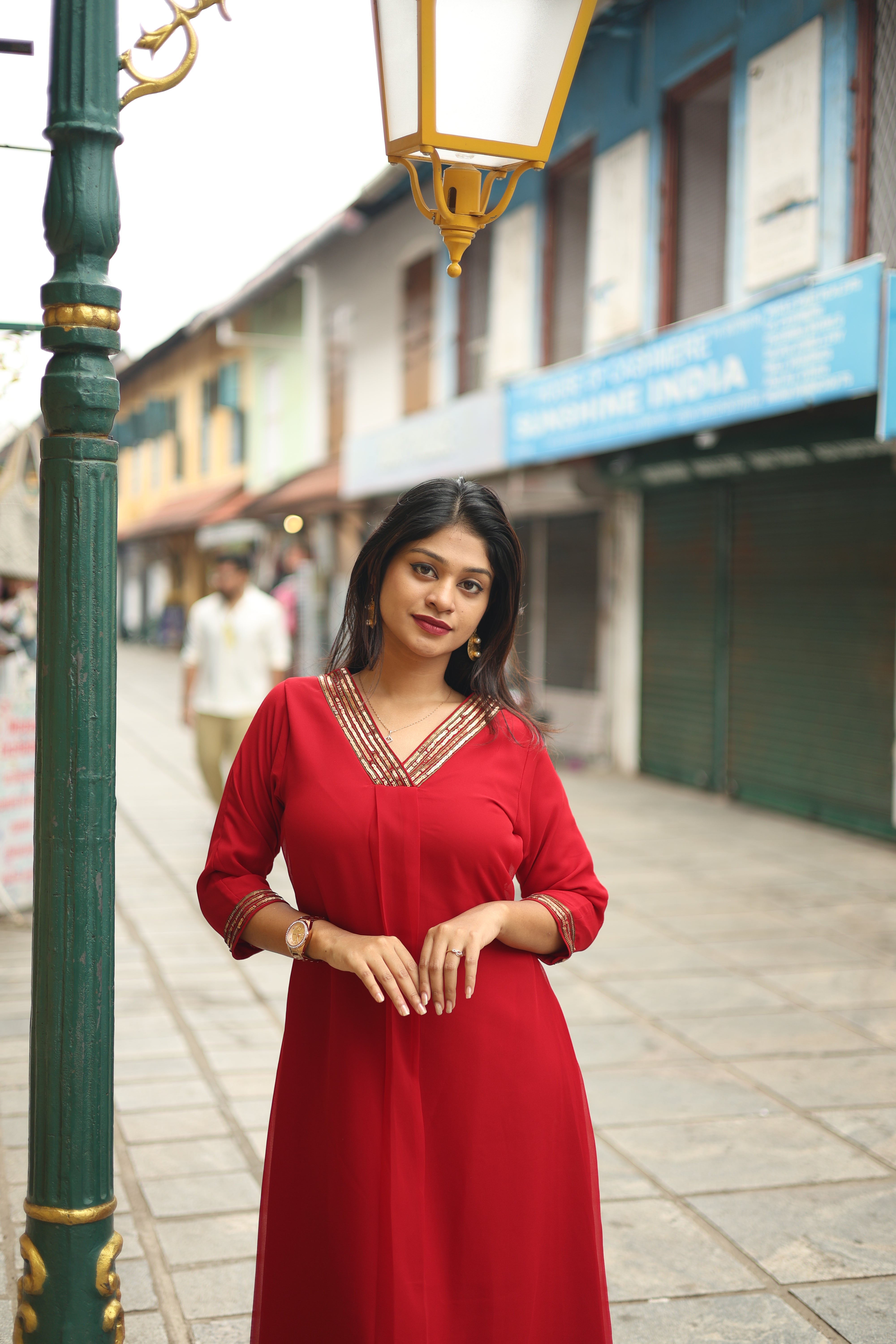 Fox Georgette A-Line Kurti: Sequin V-Neck Elegance-Red