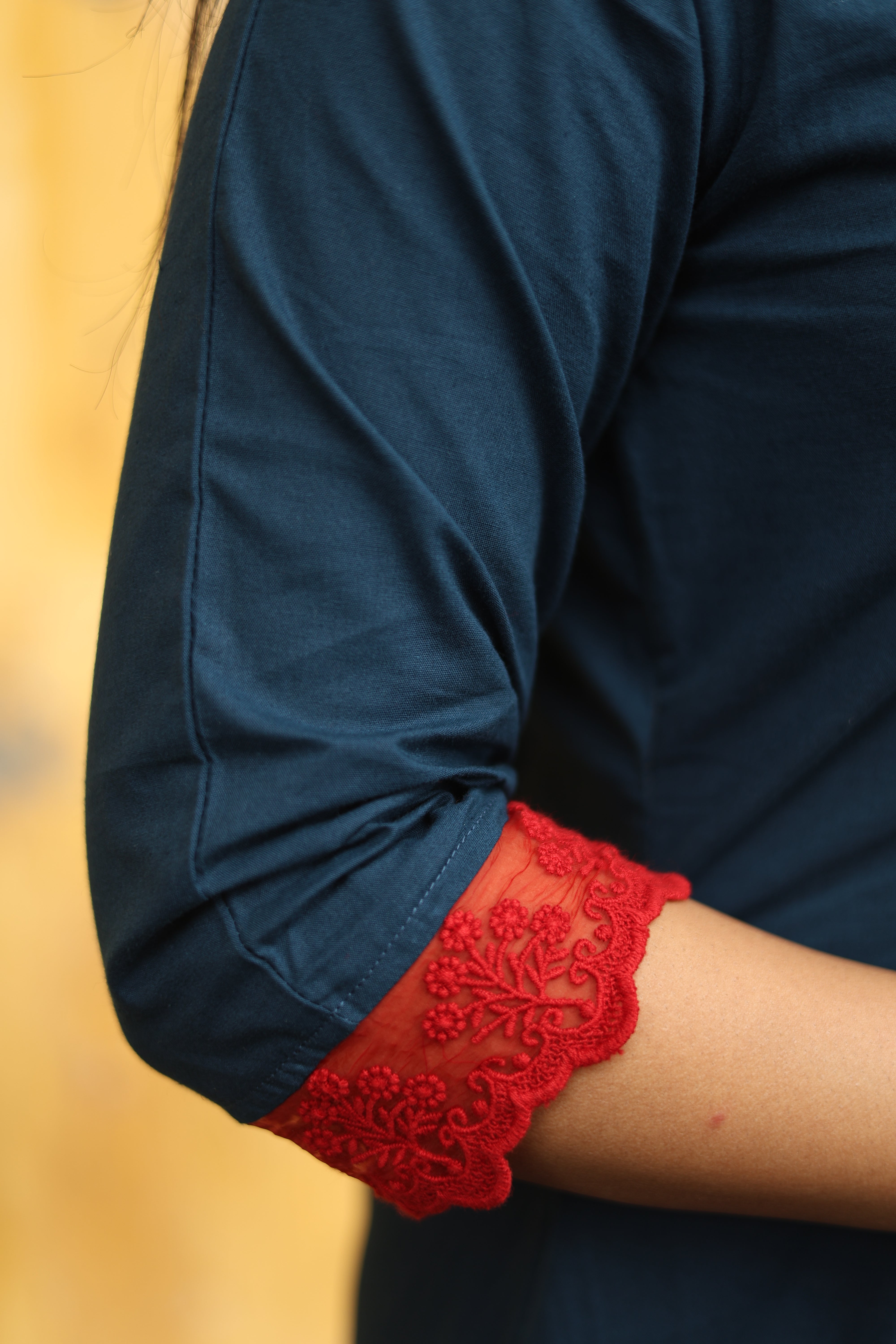 Pure Cotton Three-Panel Kurti w/ Contrast Lace & Pocket-Blue