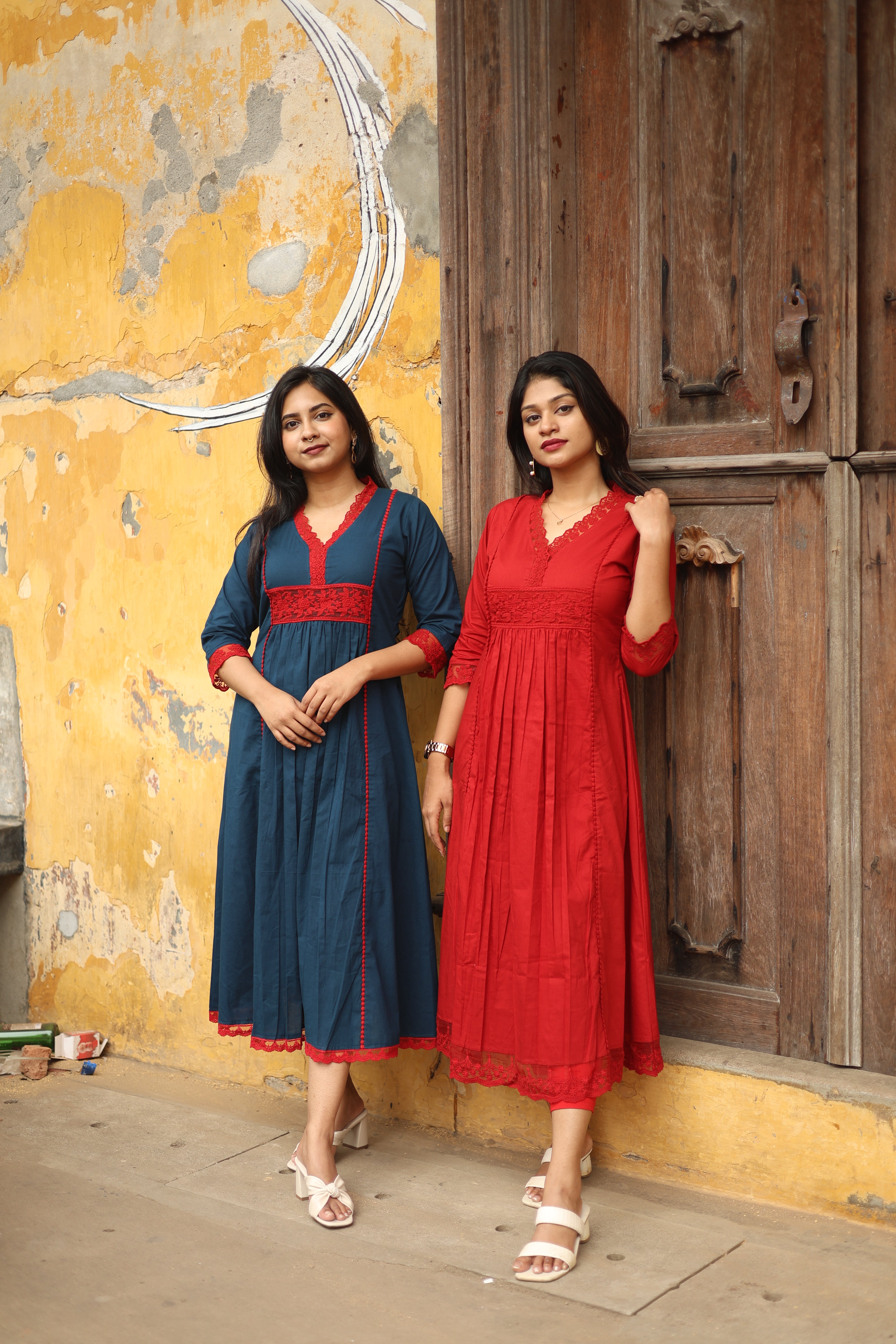 Cotton Three-Panel Kurti with Lace-Red.