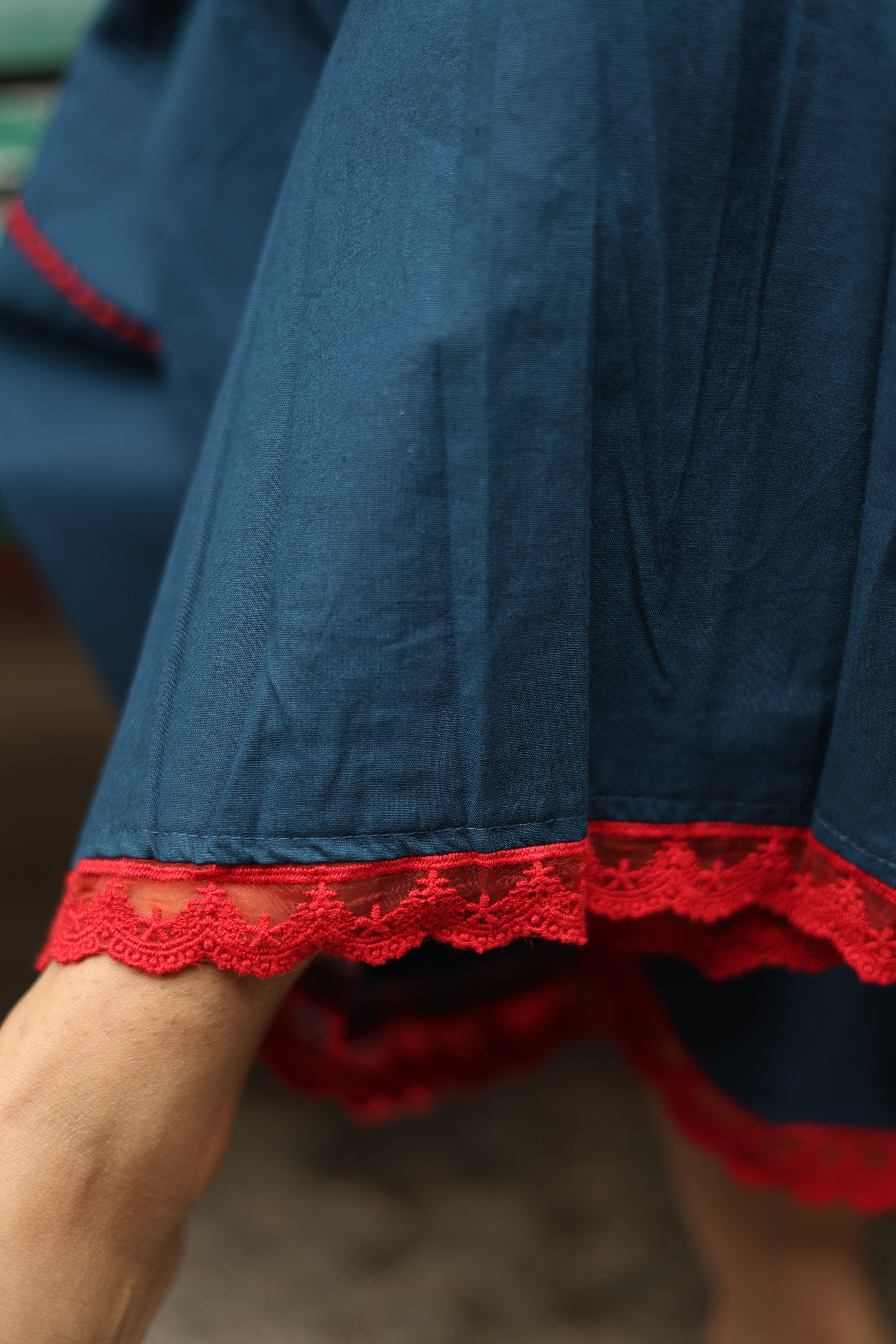 Pure Cotton Three-Panel Kurti w/ Contrast Lace & Pocket-Blue