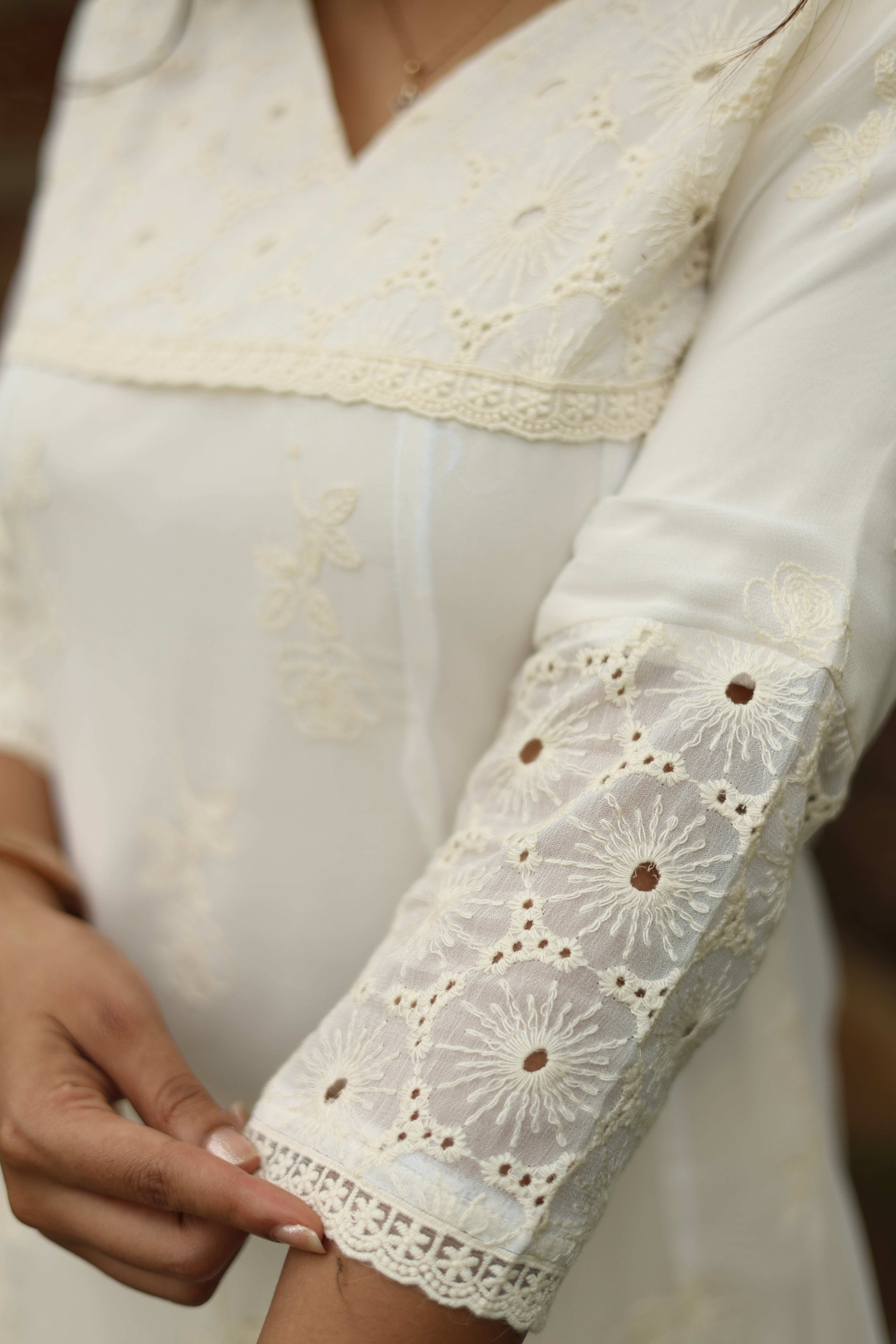 Pure Georgette Five-Panel Kurti | Luxe Embroidered & Lined-Off White.