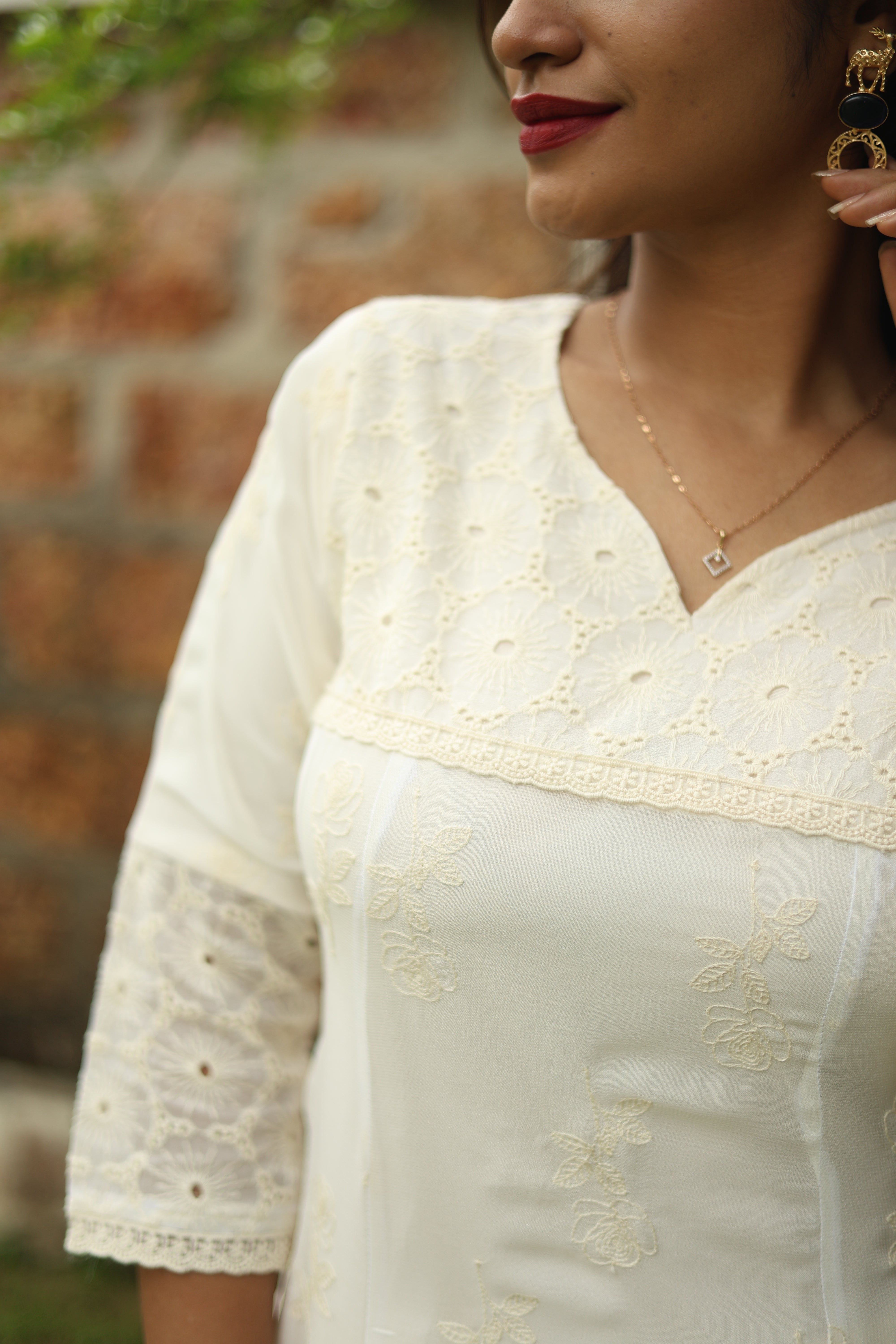 Pure Georgette Five-Panel Kurti | Luxe Embroidered & Lined-Off White.