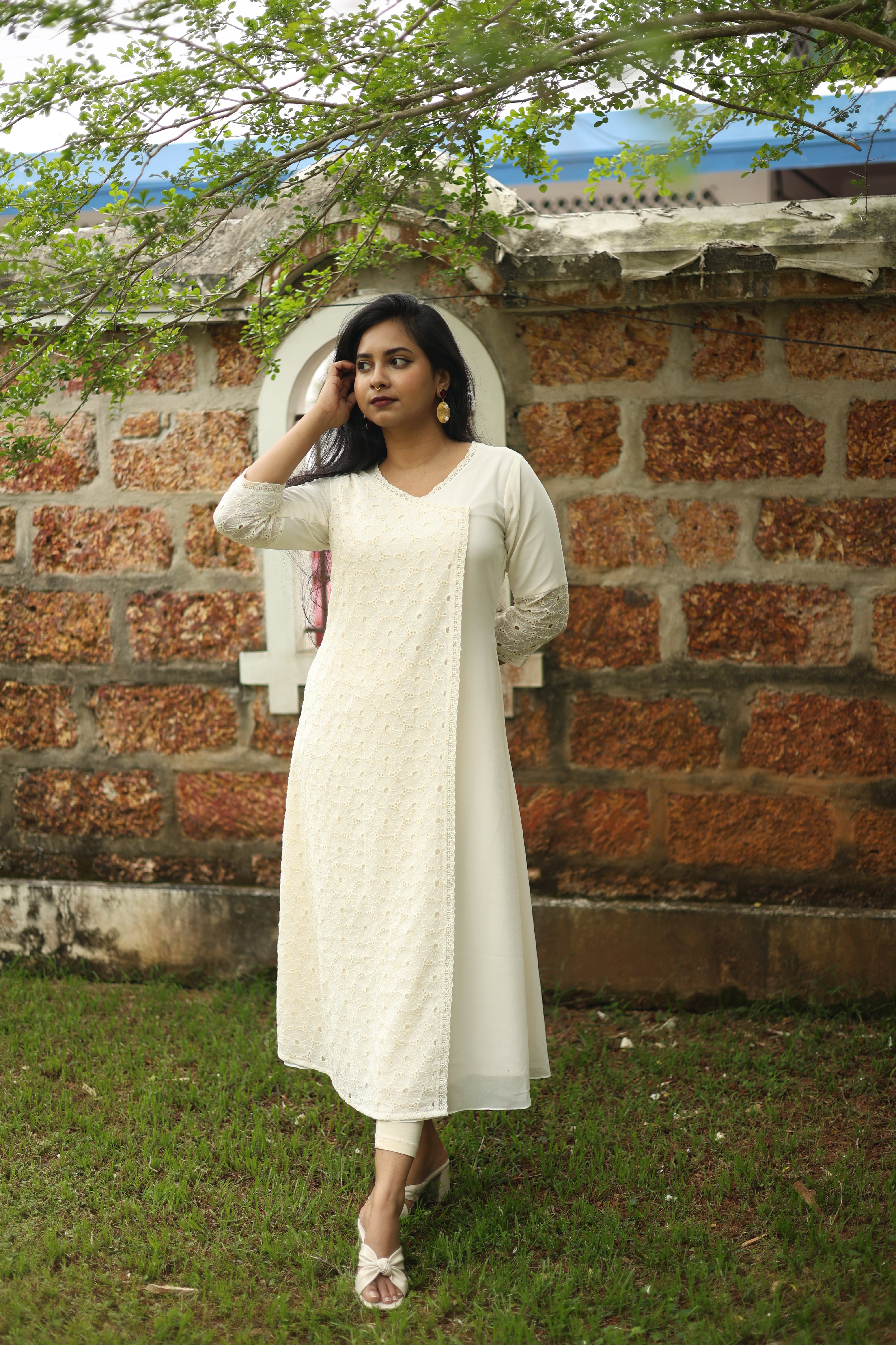 Pure Georgette A-Line Kurti with Lace Neckline-Off white.