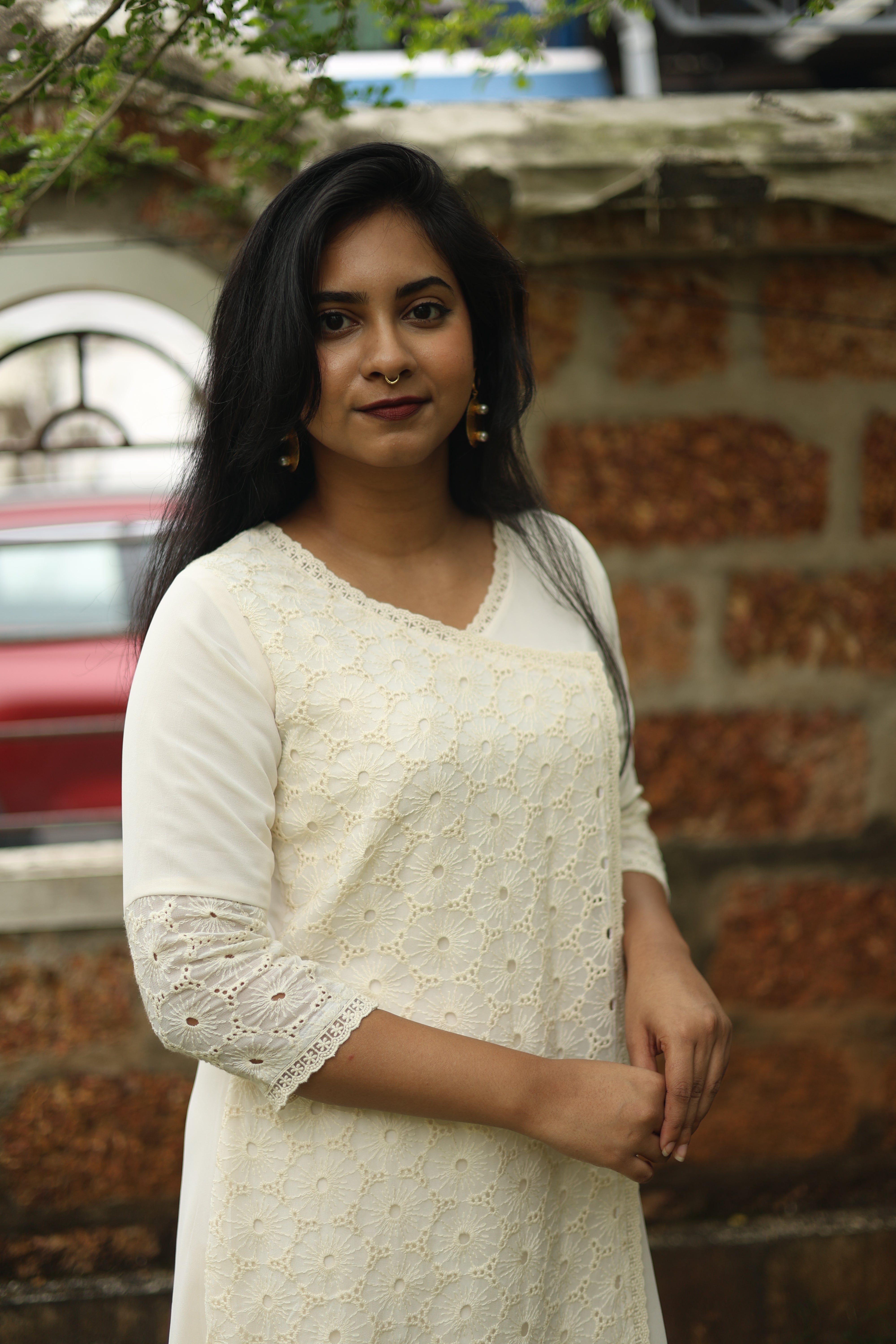 Pure Georgette A-Line Kurti with Lace Neckline-Off white.