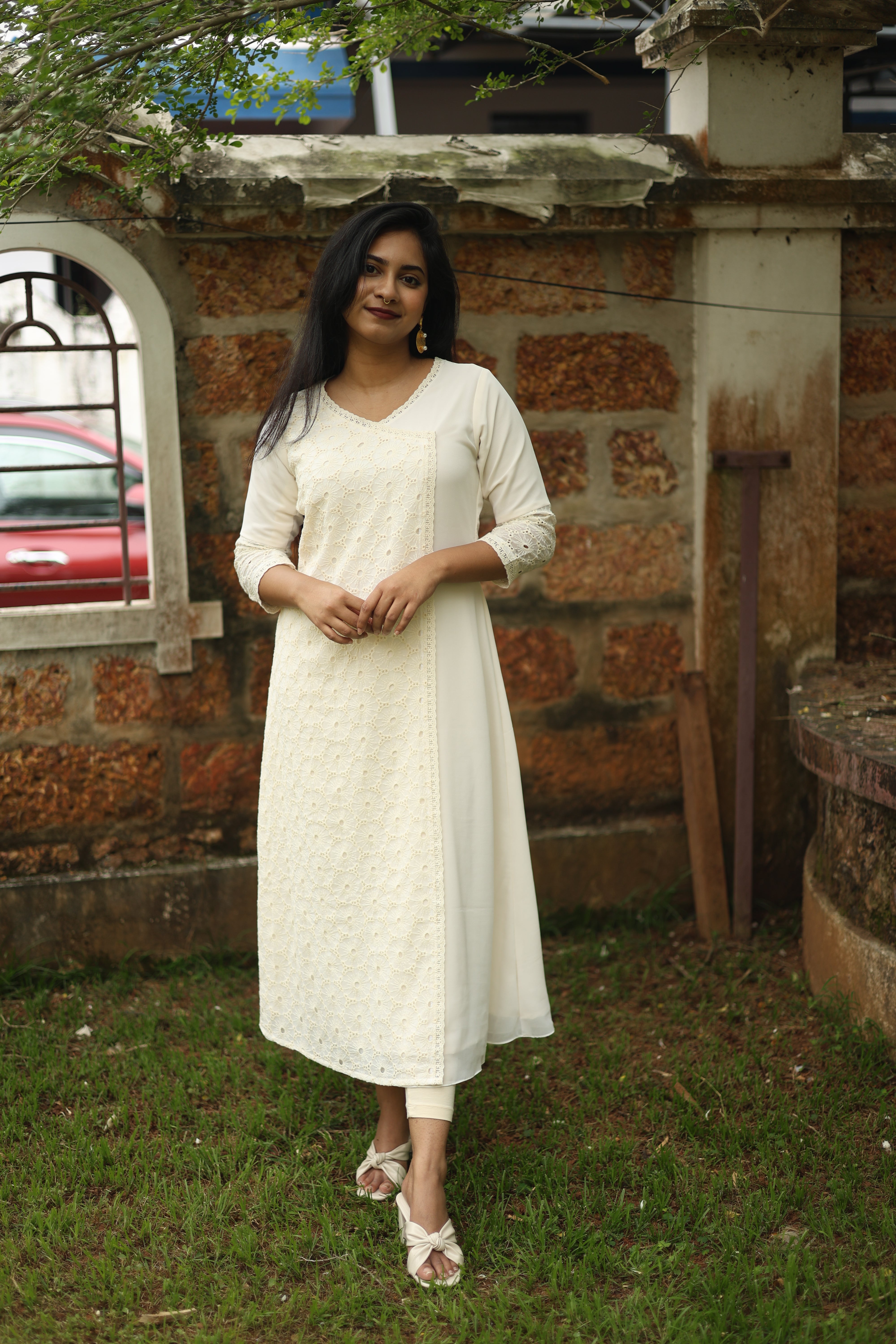 Pure Georgette A-Line Kurti with Lace Neckline-Off white.
