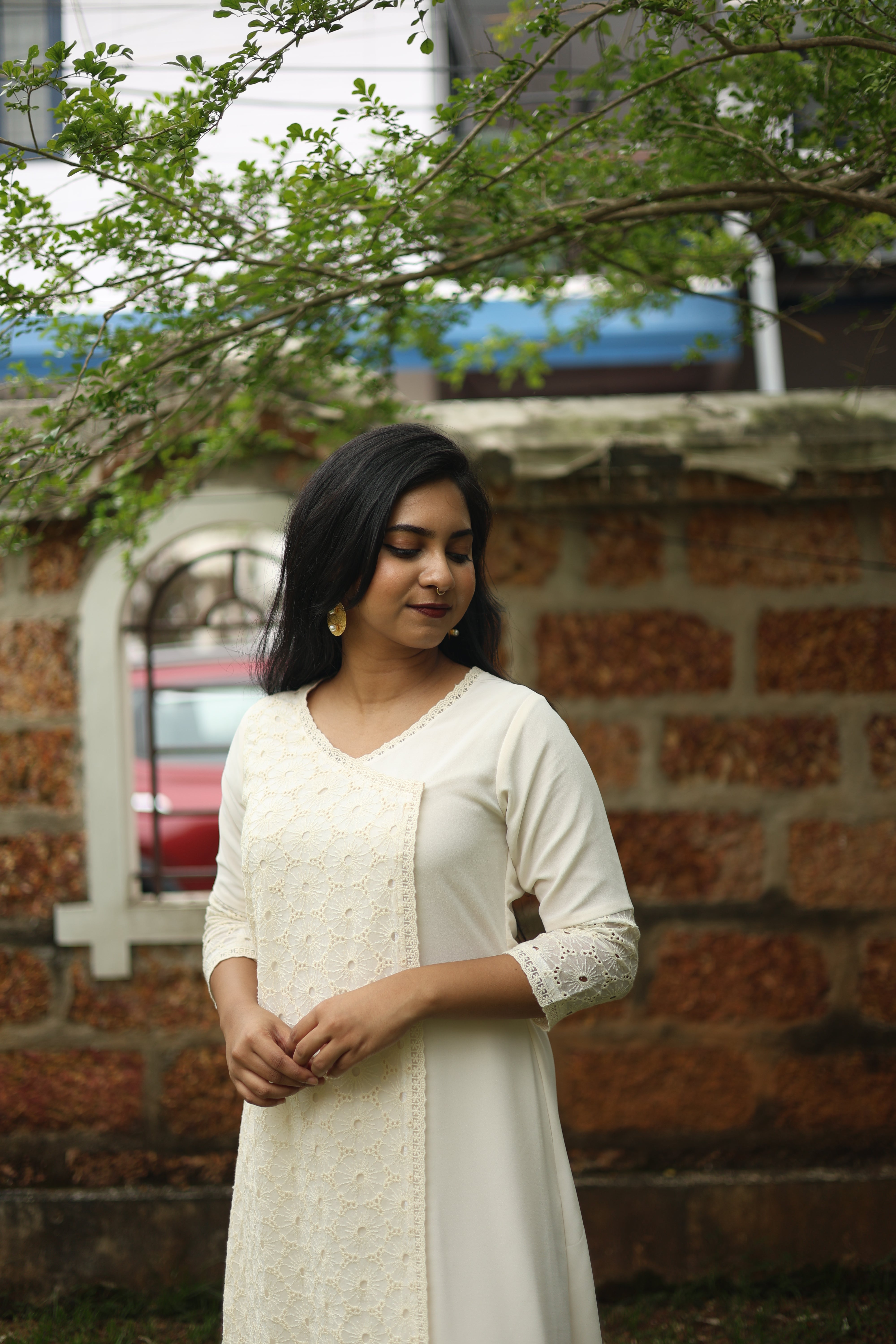 Pure Georgette A-Line Kurti with Lace Neckline-Off white.