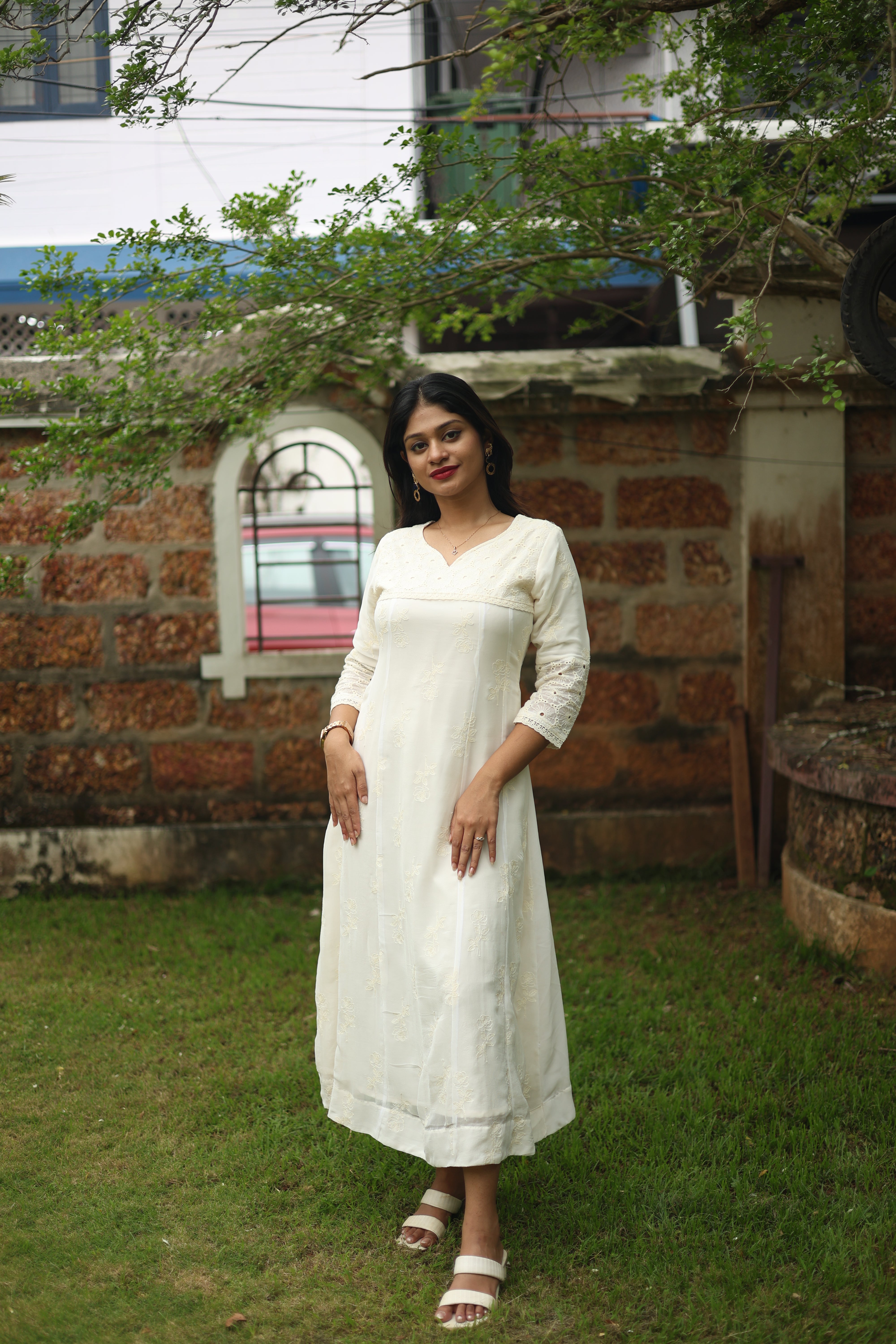 Pure Georgette Five-Panel Kurti | Luxe Embroidered & Lined-Off White.