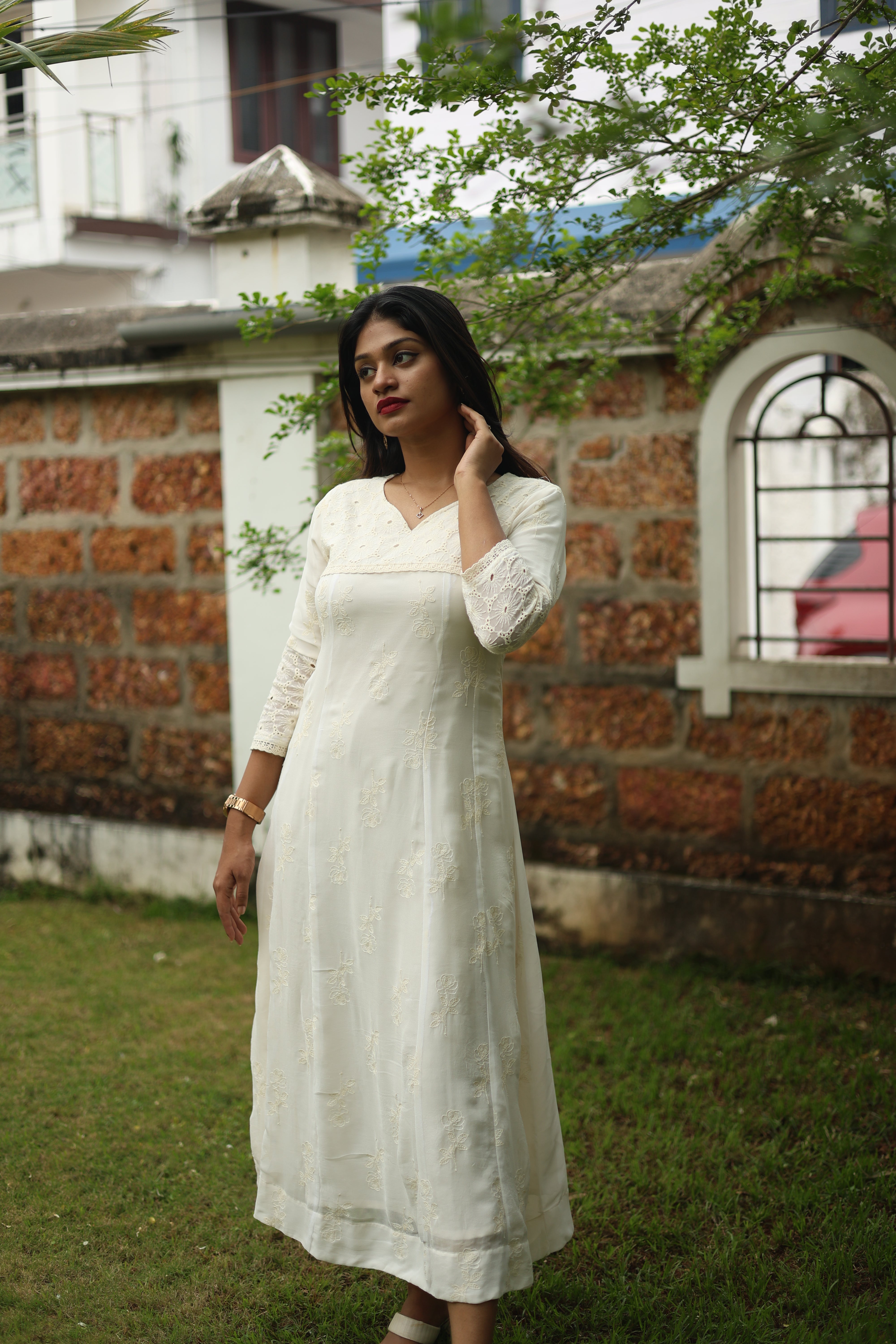 Pure Georgette Five-Panel Kurti | Luxe Embroidered & Lined-Off White.
