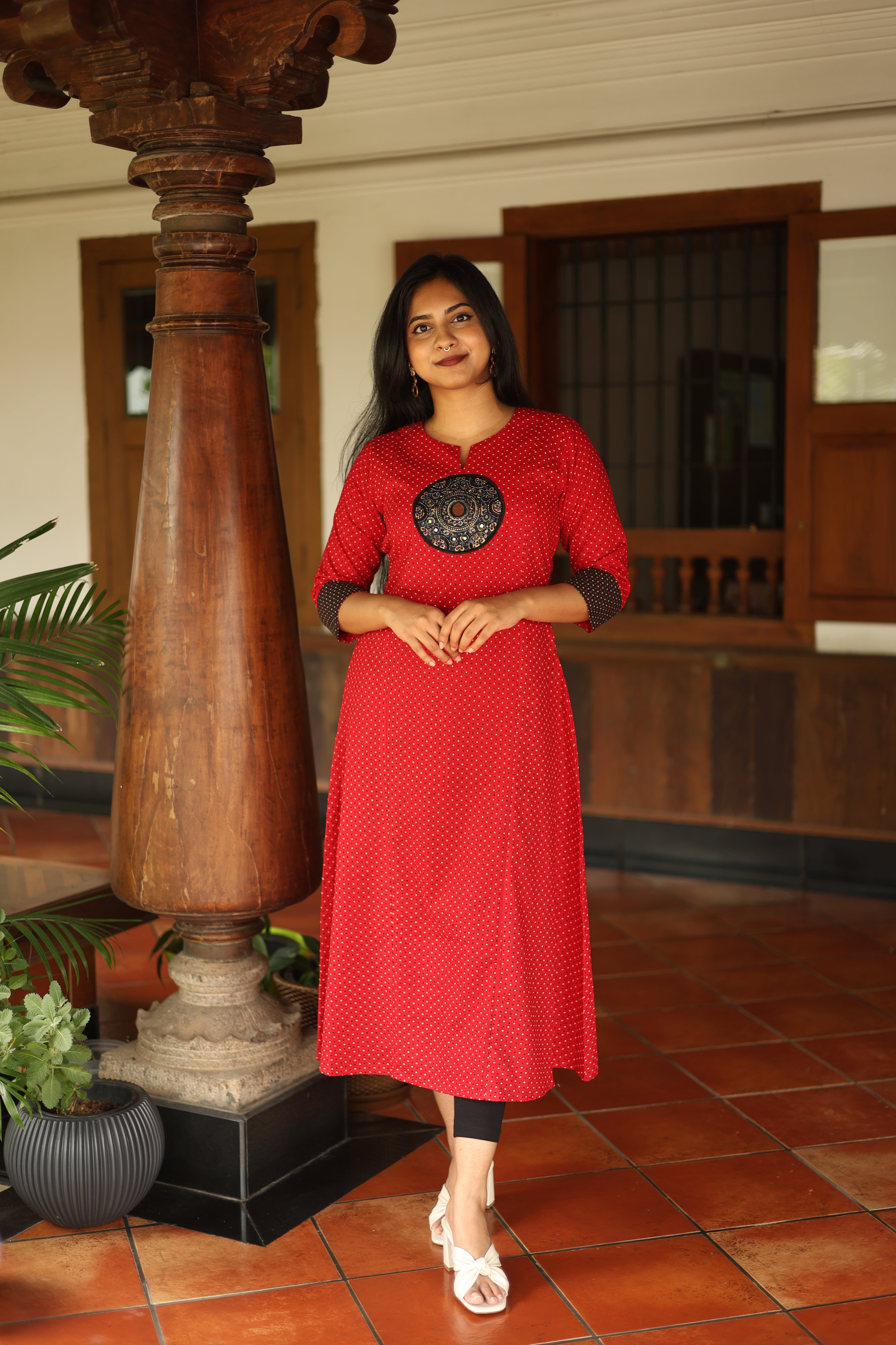 Ajrakh Cotton Kurti Dress: Beaded Silk Yoke & Pocket-Red