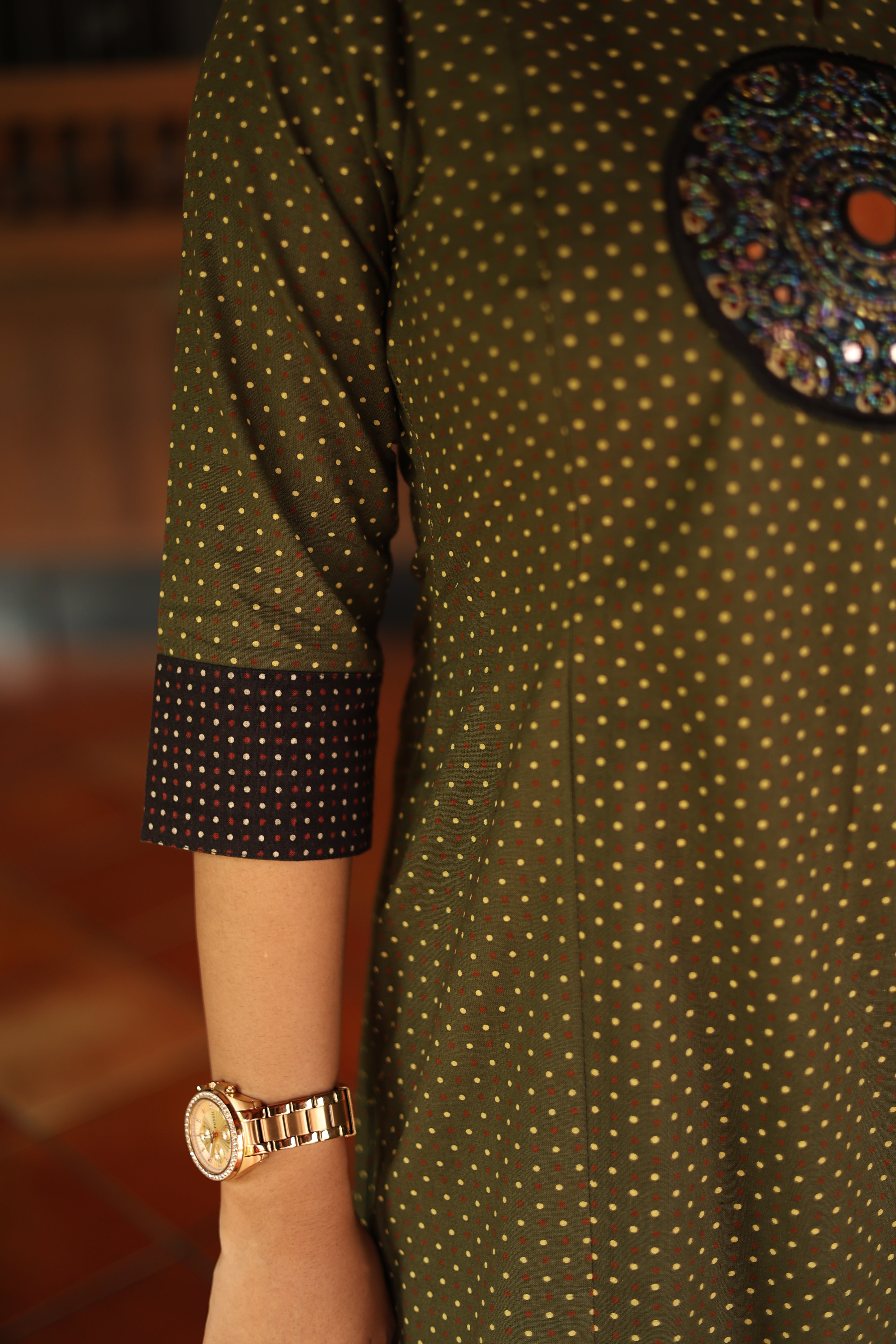 Ajrakh Cotton Kurti Dress: Beaded Silk Yoke & Pocket-Olive Green.