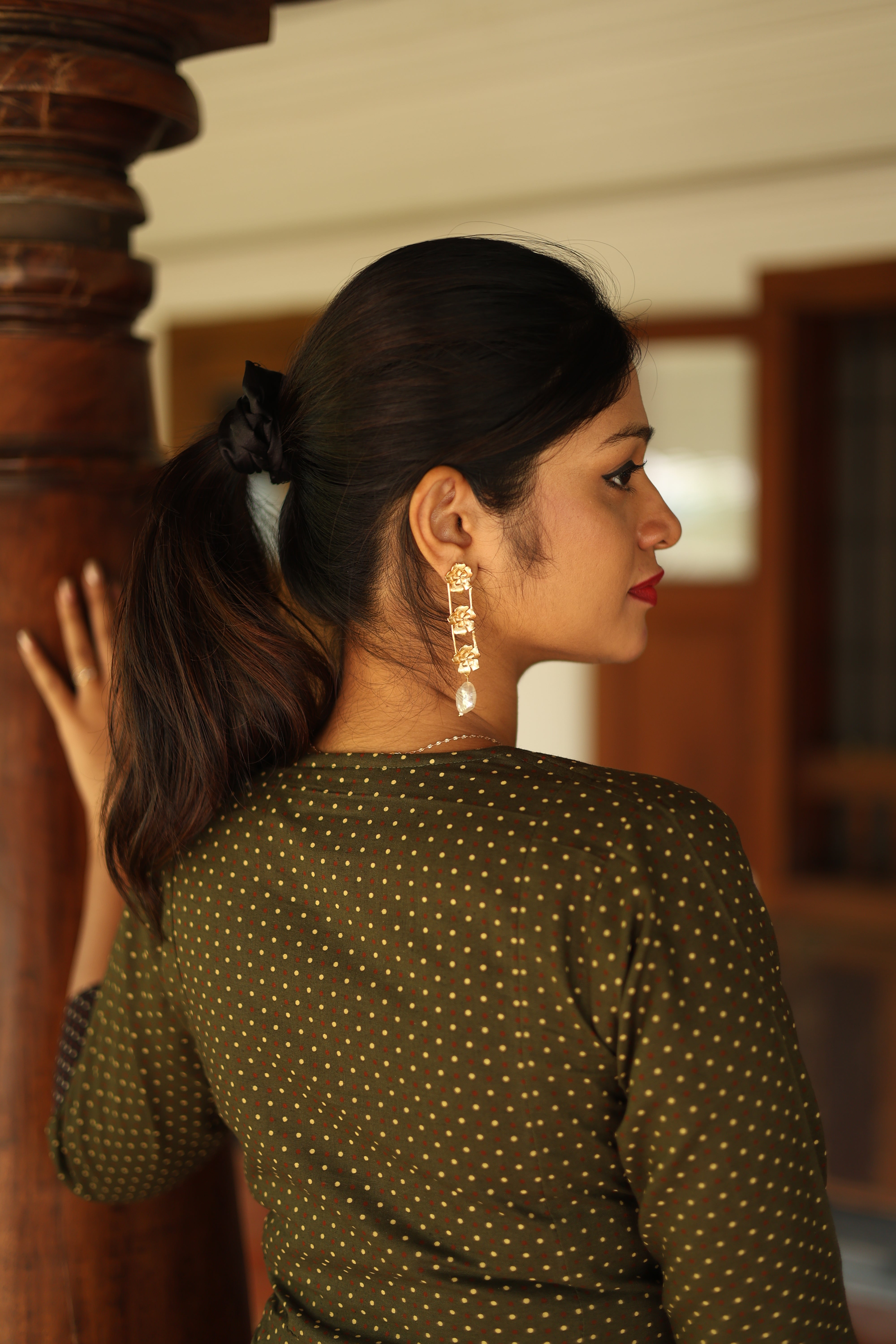 Ajrakh Cotton Kurti Dress: Beaded Silk Yoke & Pocket-Olive Green.