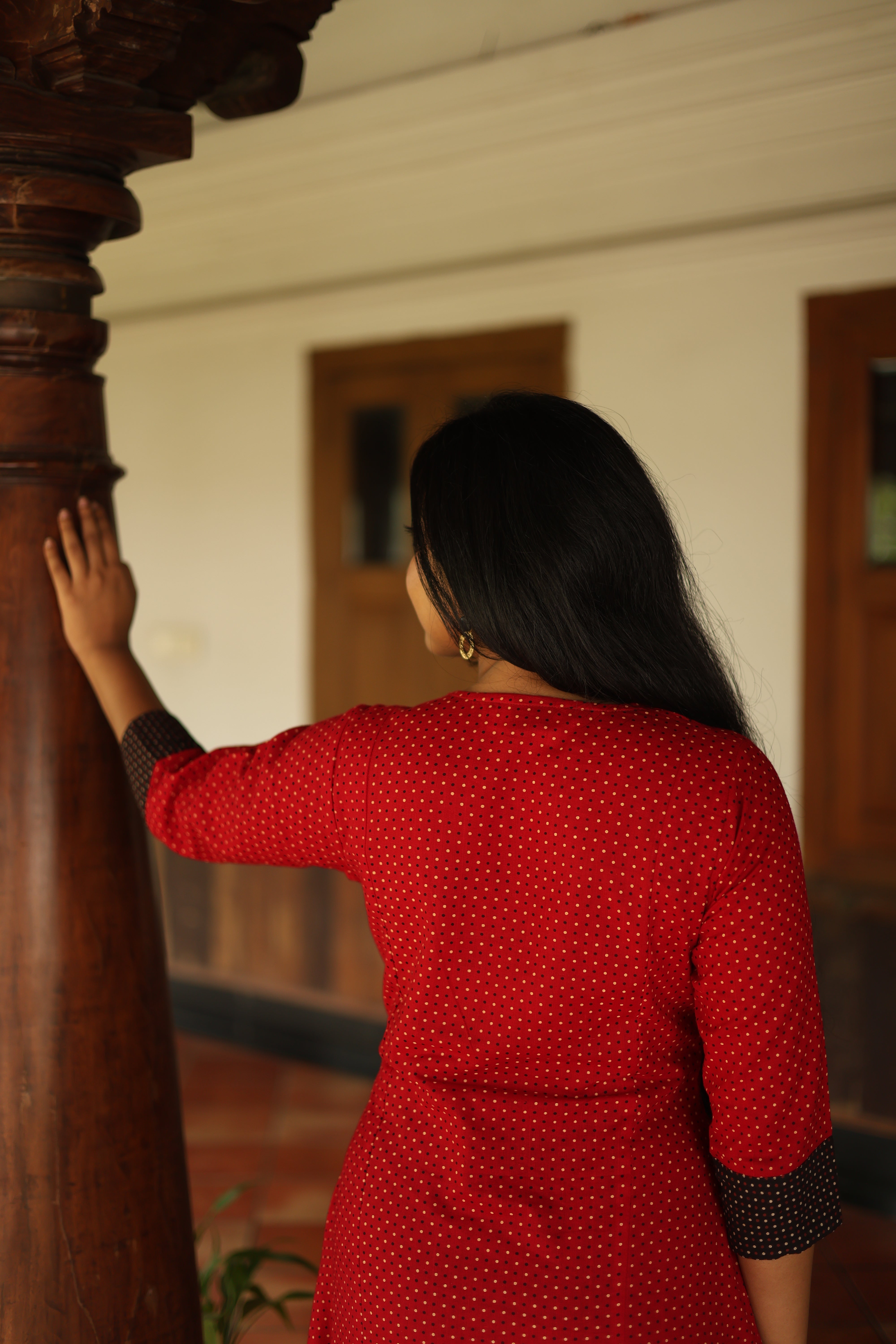 Ajrakh Cotton Kurti Dress: Beaded Silk Yoke & Pocket-Red