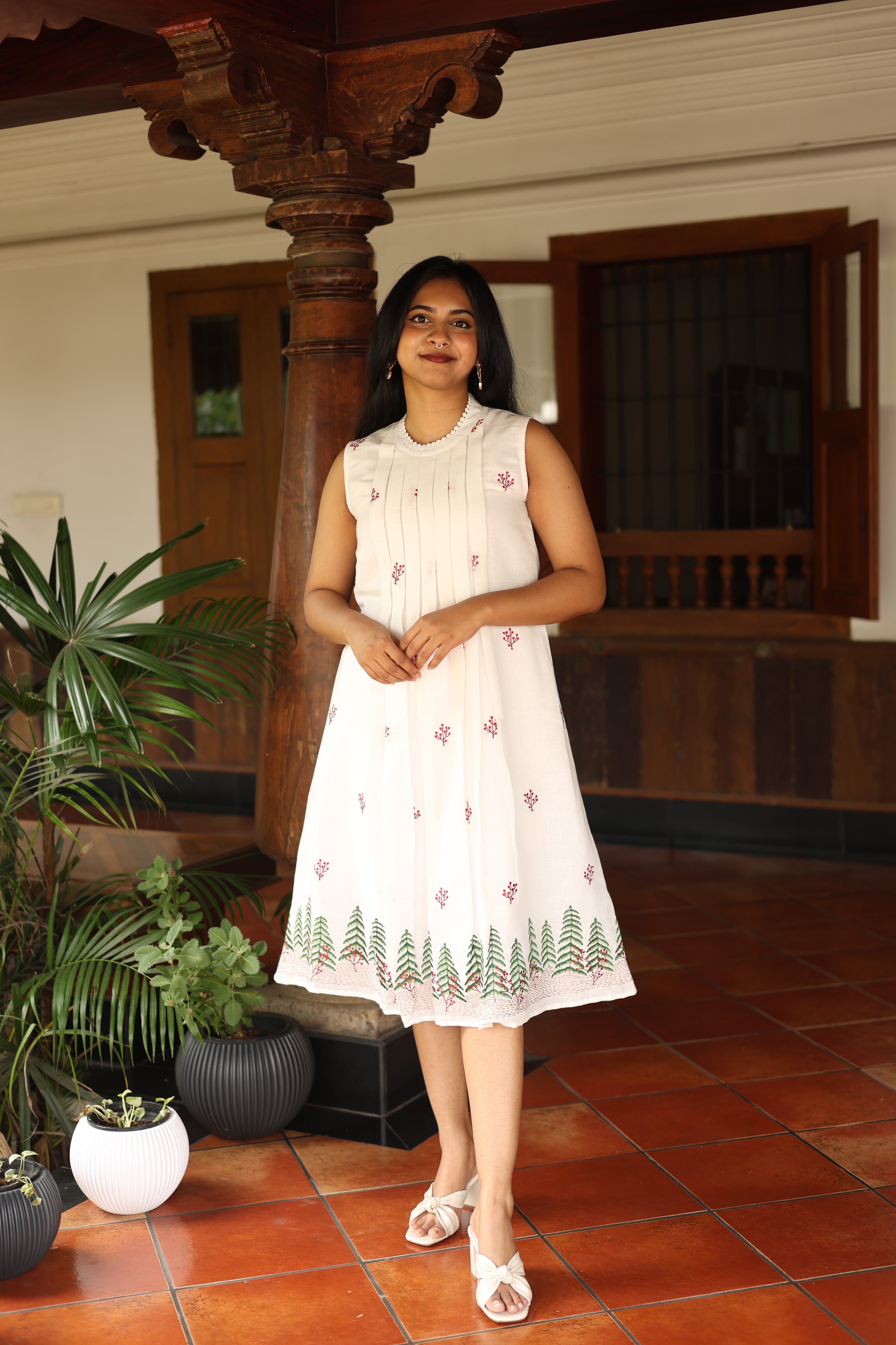 Linen Sleeveless Dress: Embroidered & Pleated