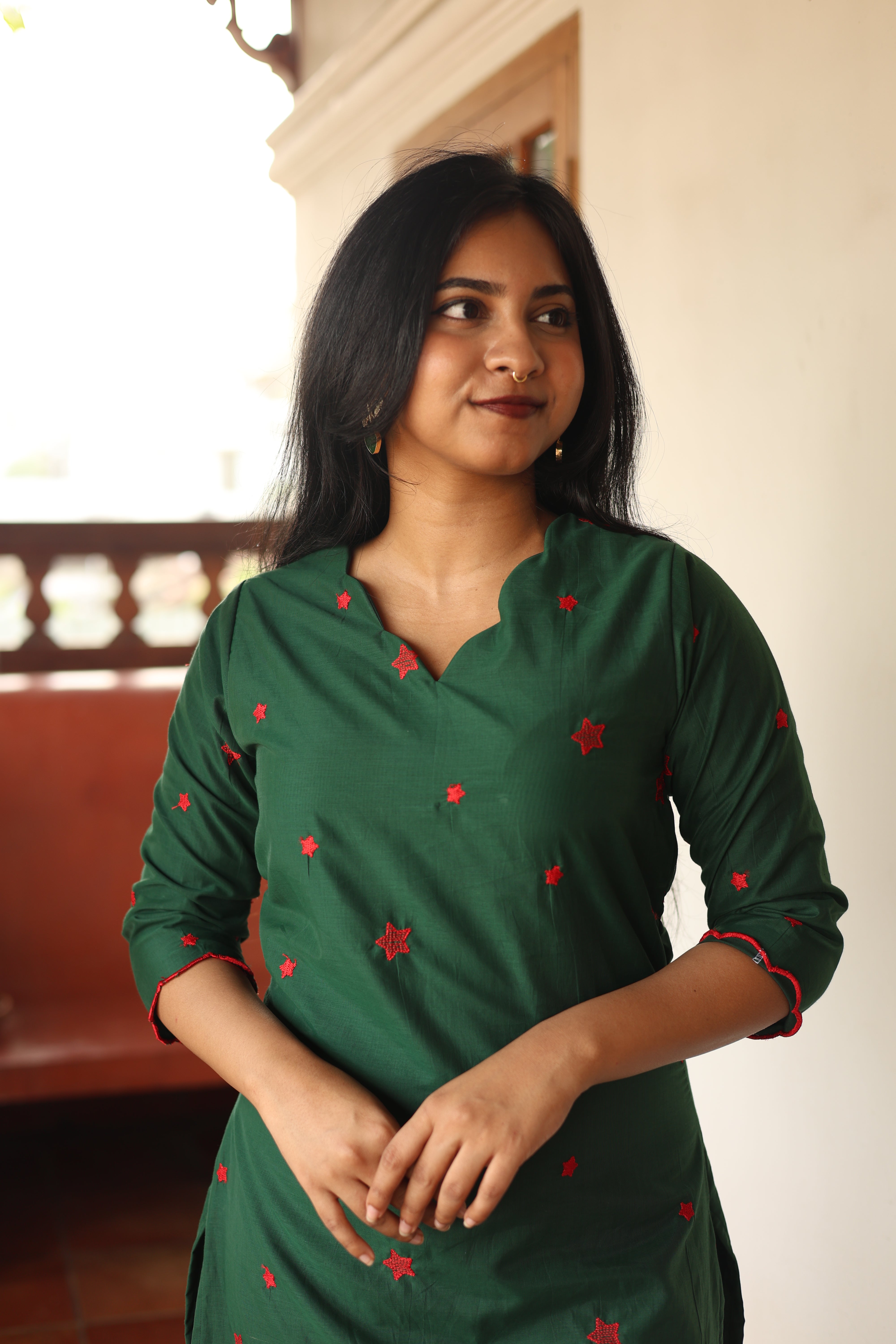 Mul Chanderi Slitted Top only-Bottle Green.