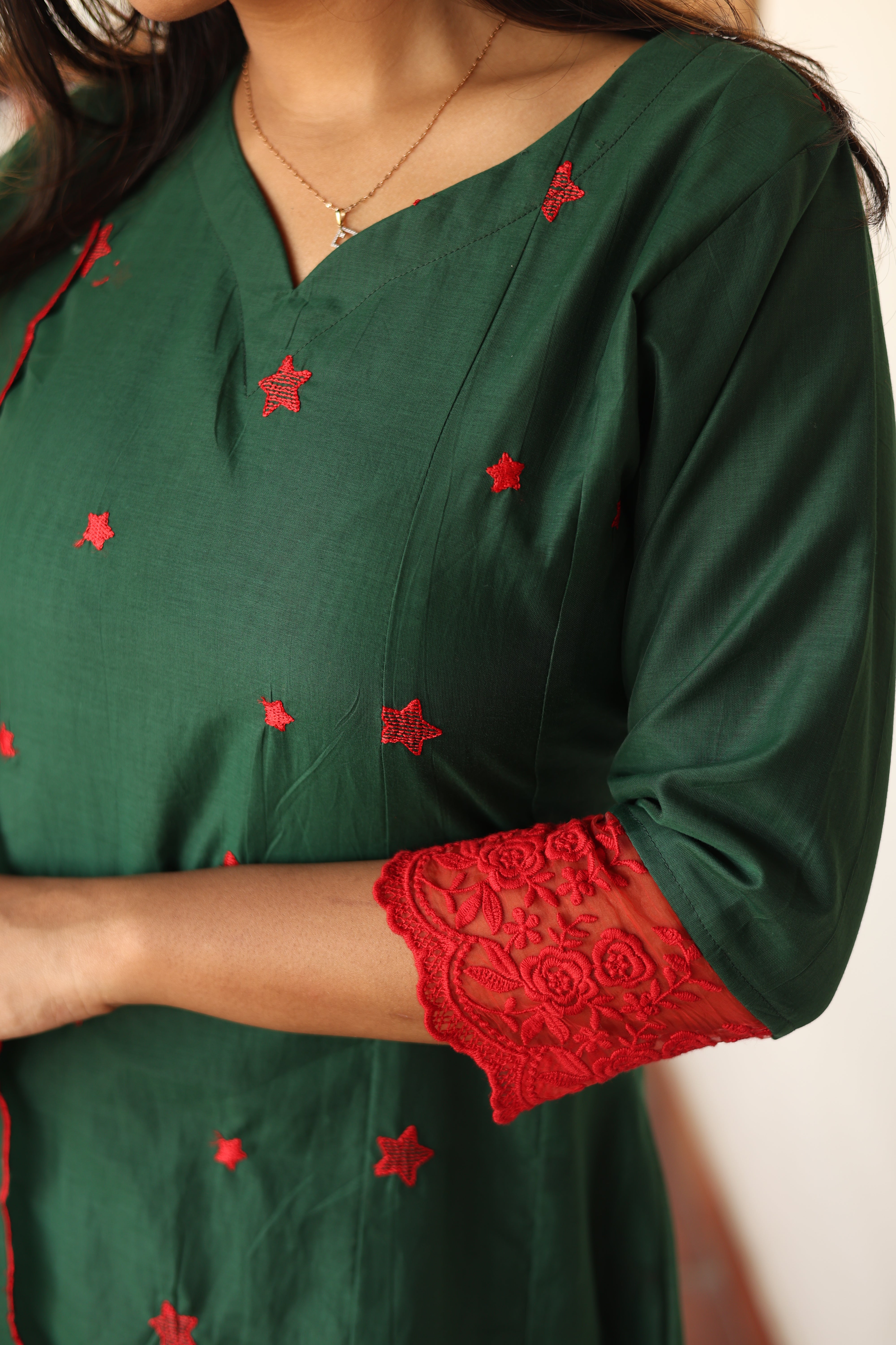 Mul Chanderi Kurti only with Embroidered Panels & Lace-Bottle Green.