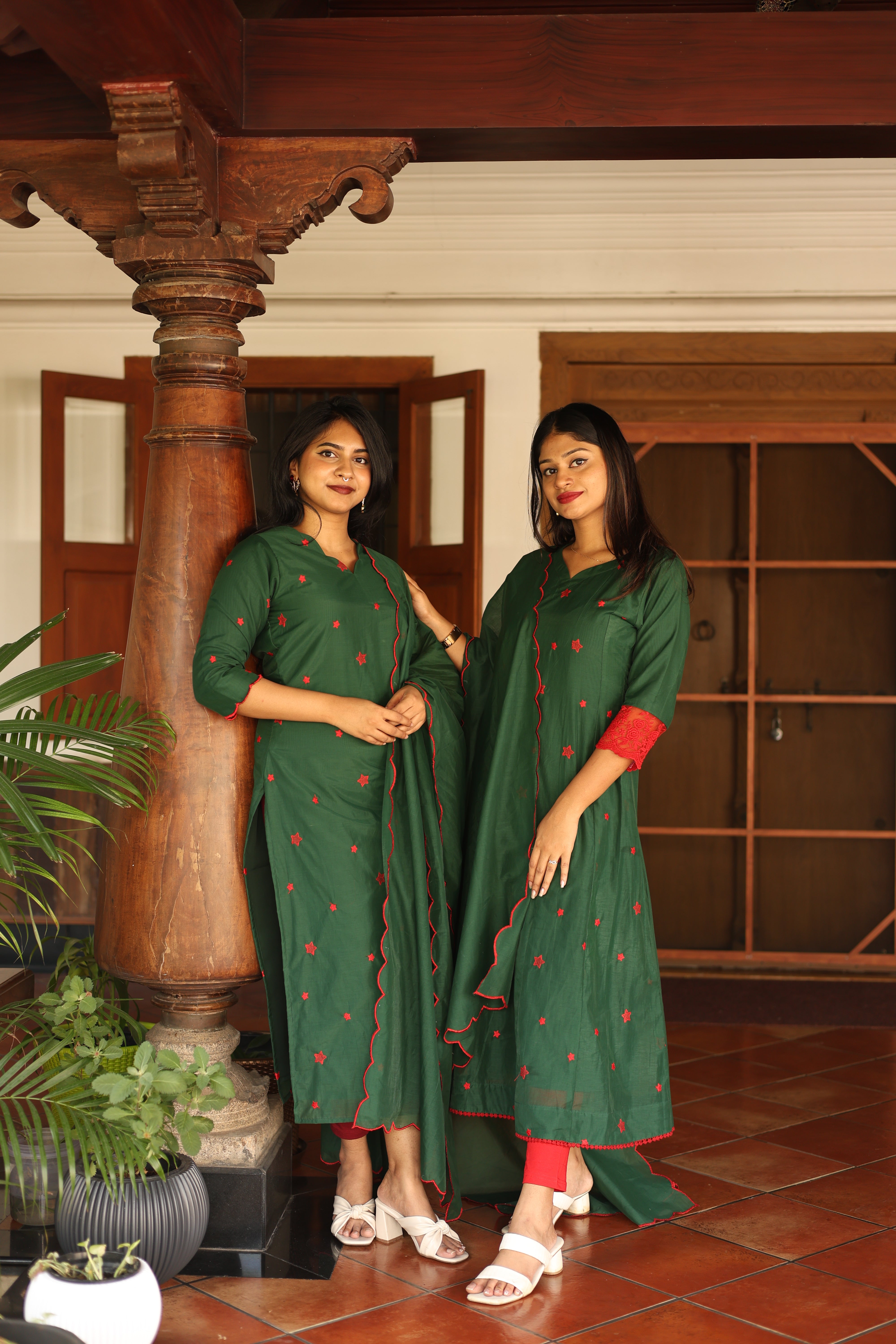 Mul Chanderi Slitted Top only-Bottle Green.