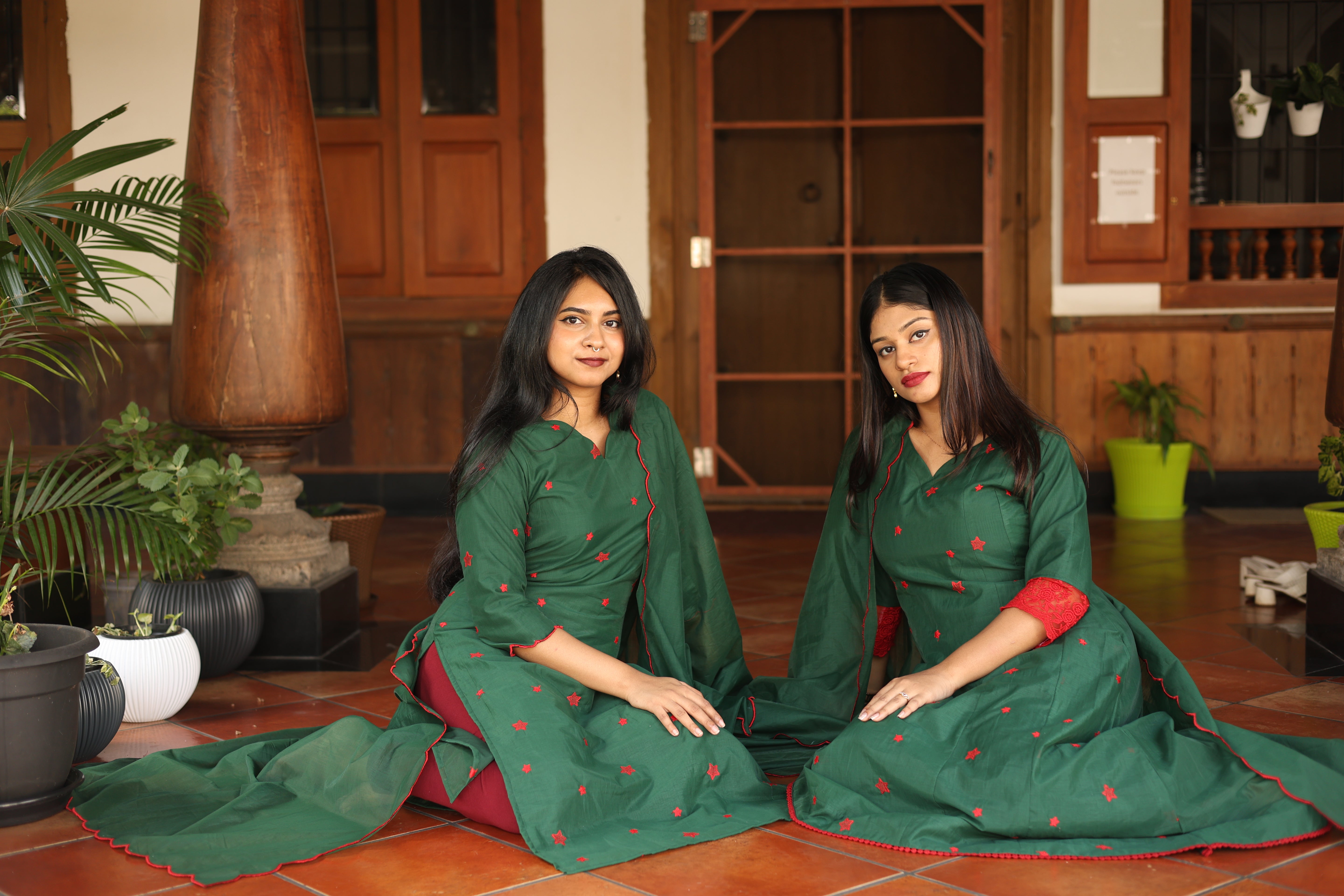 Mul Chanderi Kurti only with Embroidered Panels & Lace-Bottle Green.