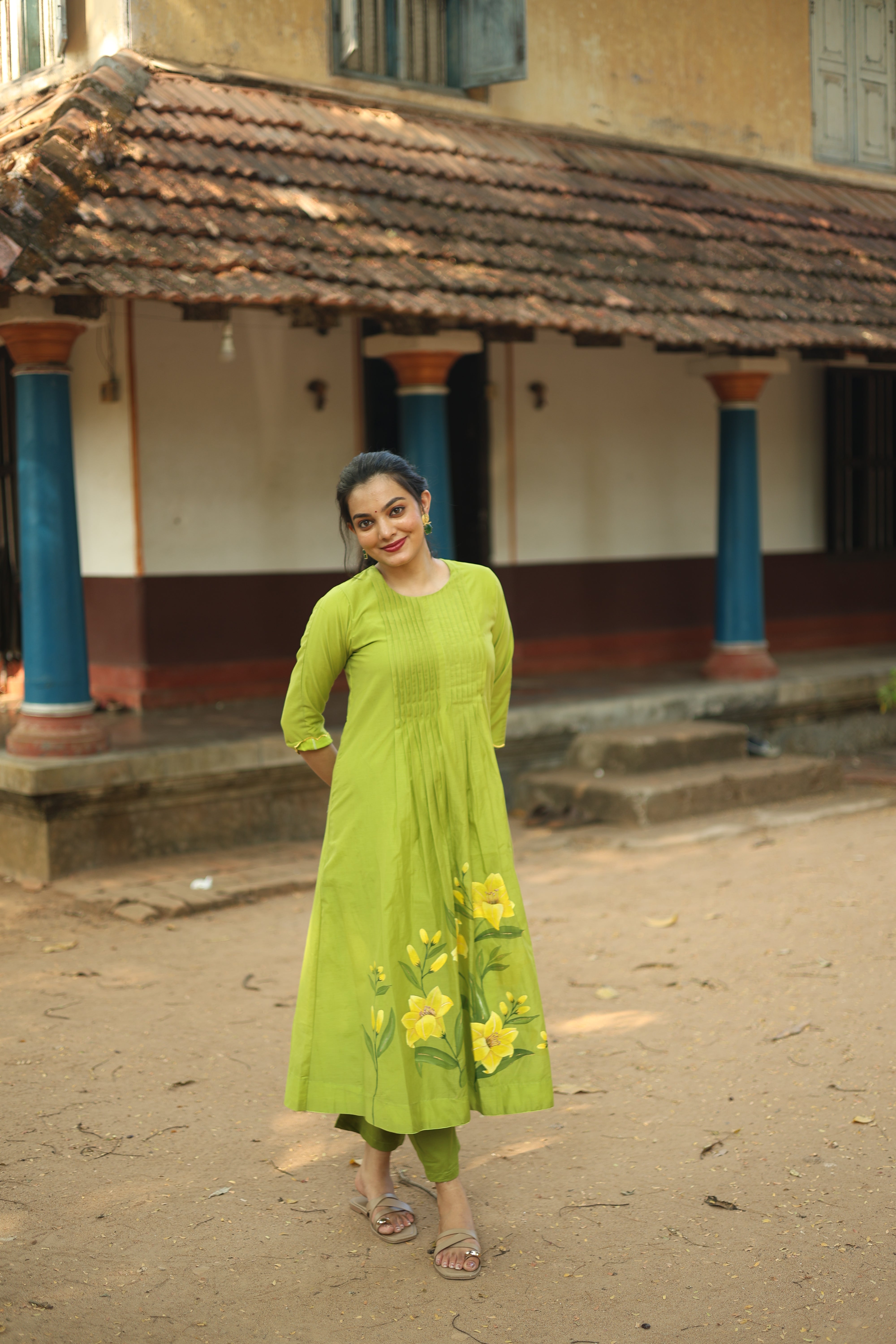 Mul Chanderi Hand-Painted A-Line Kurti – Parrot Green | Vishu Collection