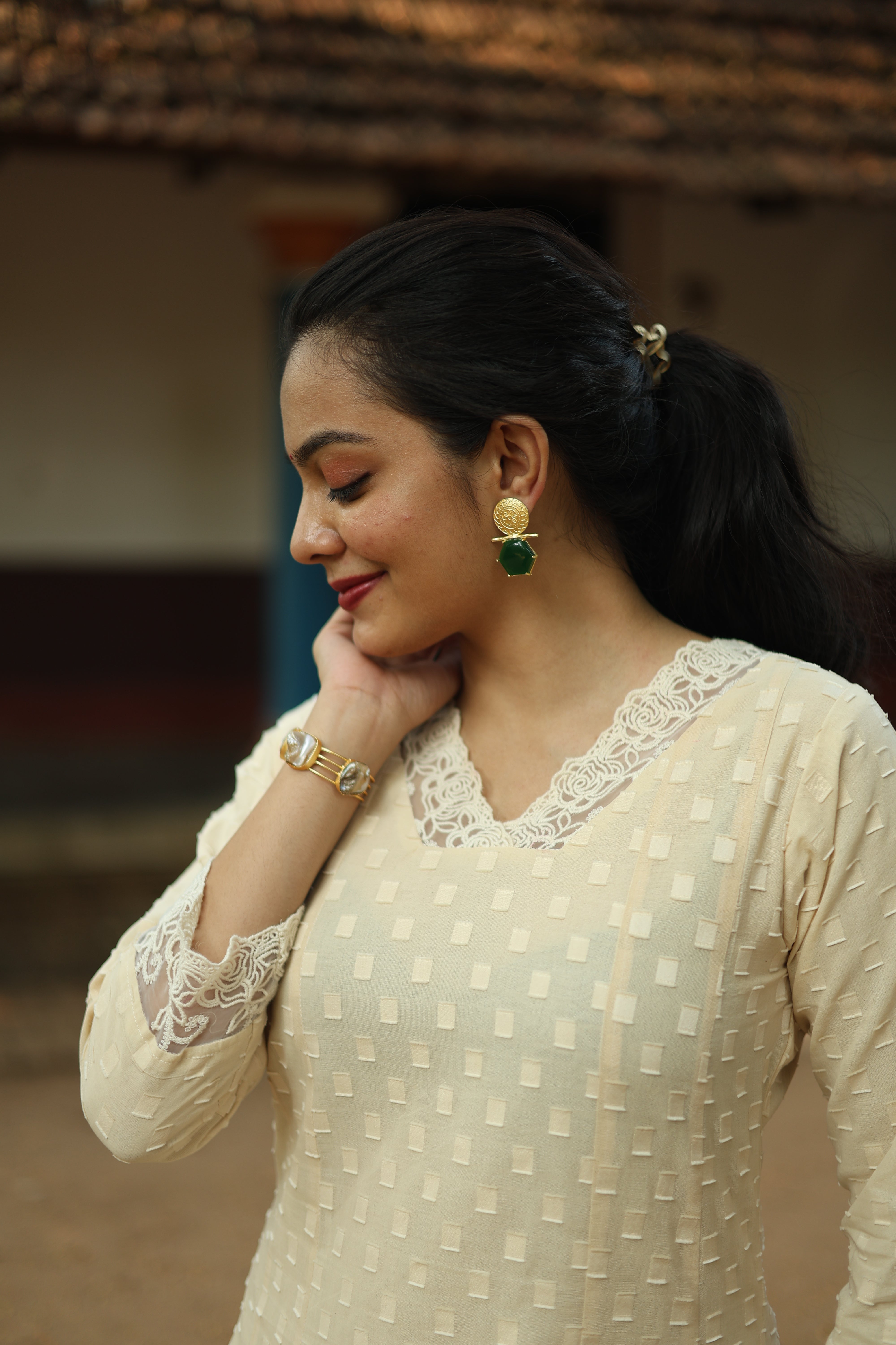 Mul Cotton Self-Thread 5-Panel Kurti – Cream | Vishu Collection