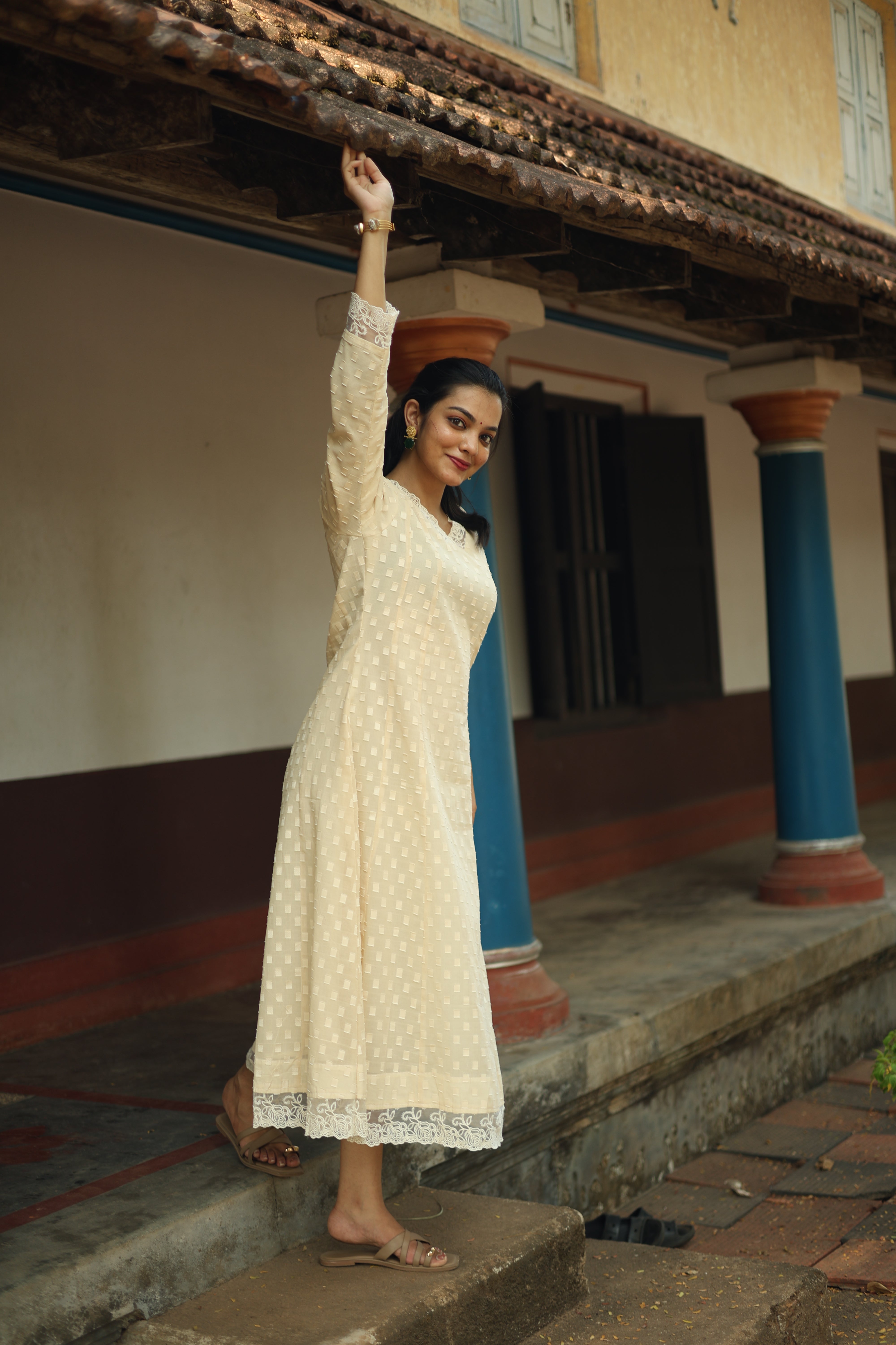 Mul Cotton Self-Thread 5-Panel Kurti – Cream | Vishu Collection