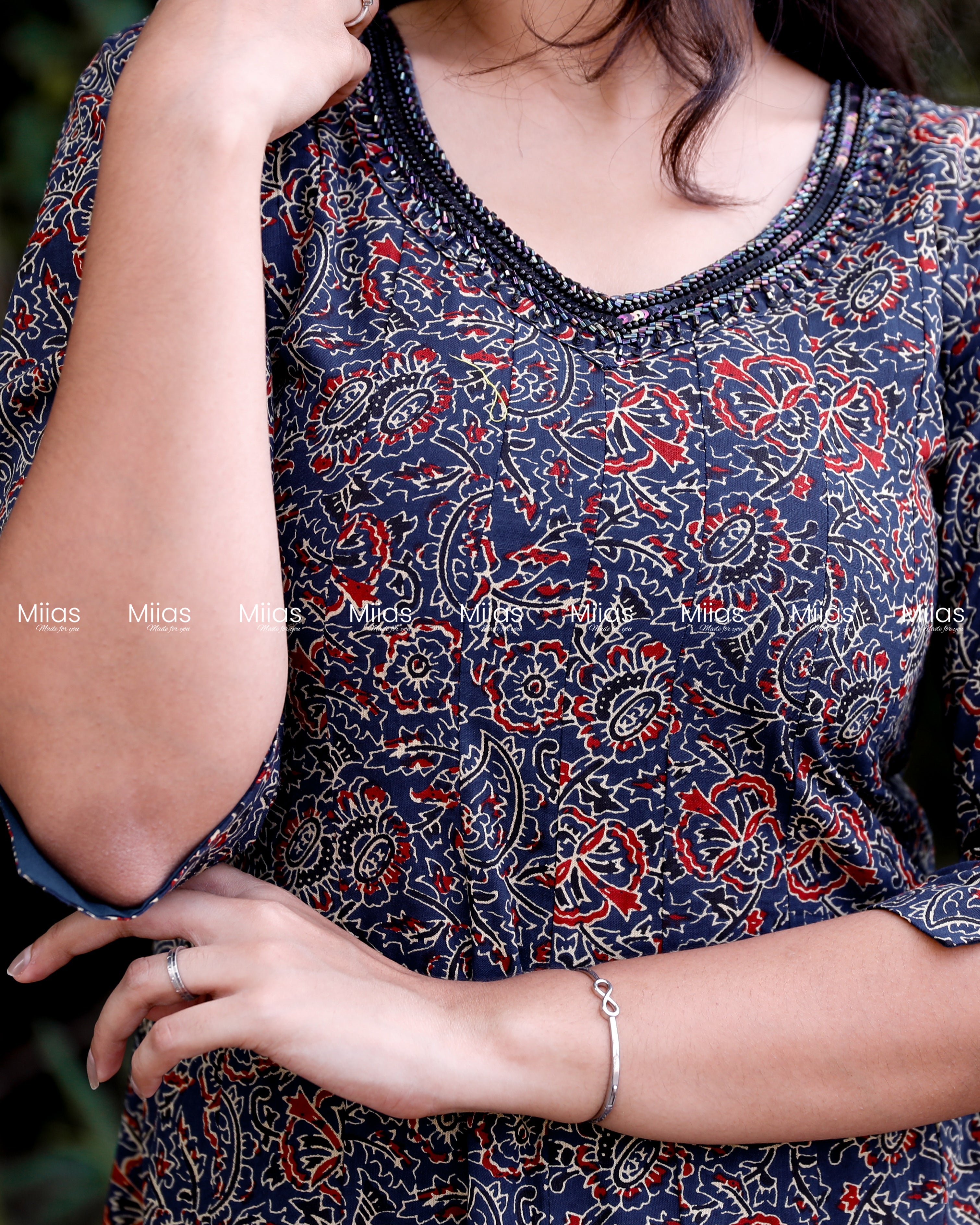 Cotton Ajrakh Panel Dress Kurti | Beaded Sequin Neckline | Blue