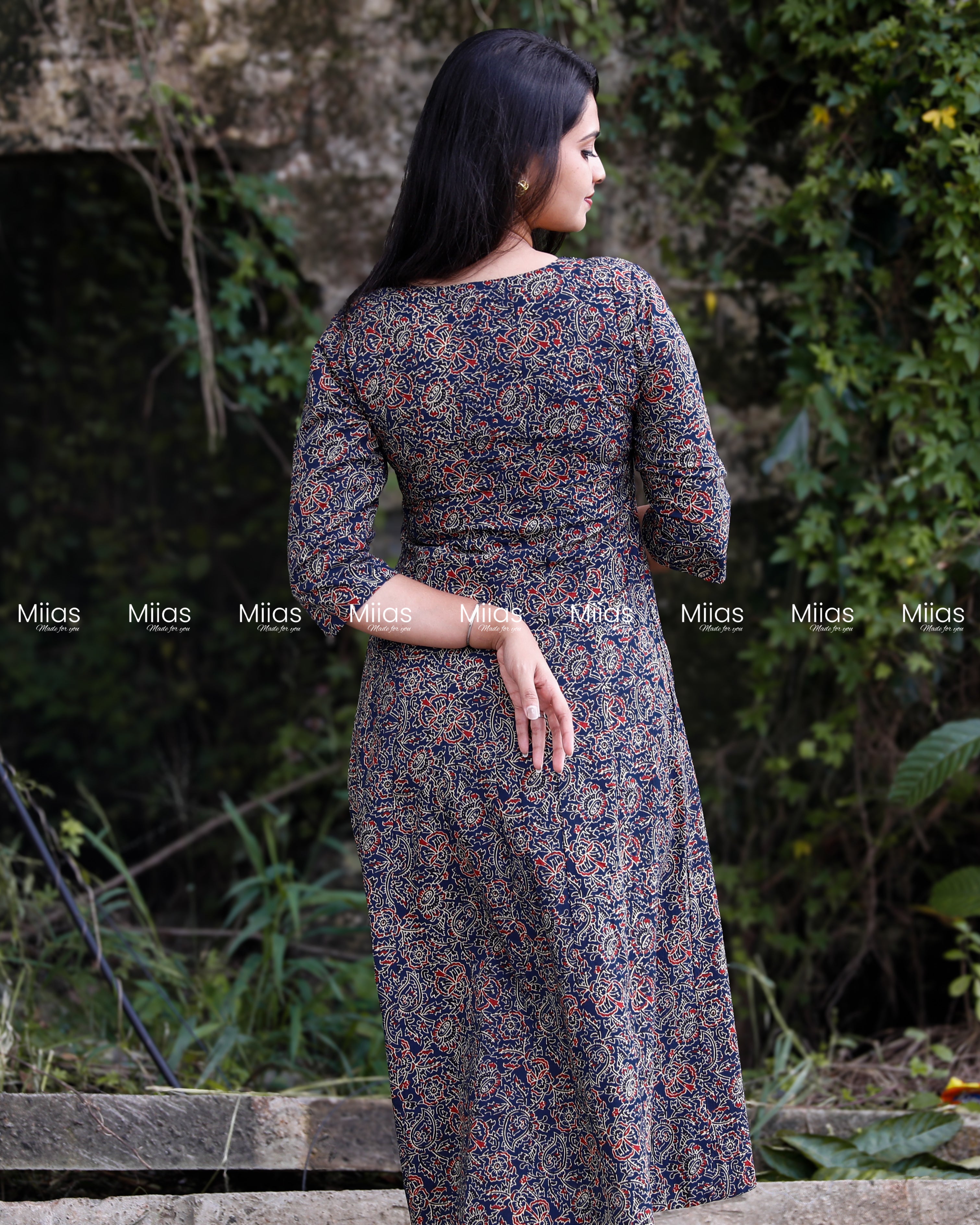 Cotton Ajrakh Panel Dress Kurti | Beaded Sequin Neckline | Blue