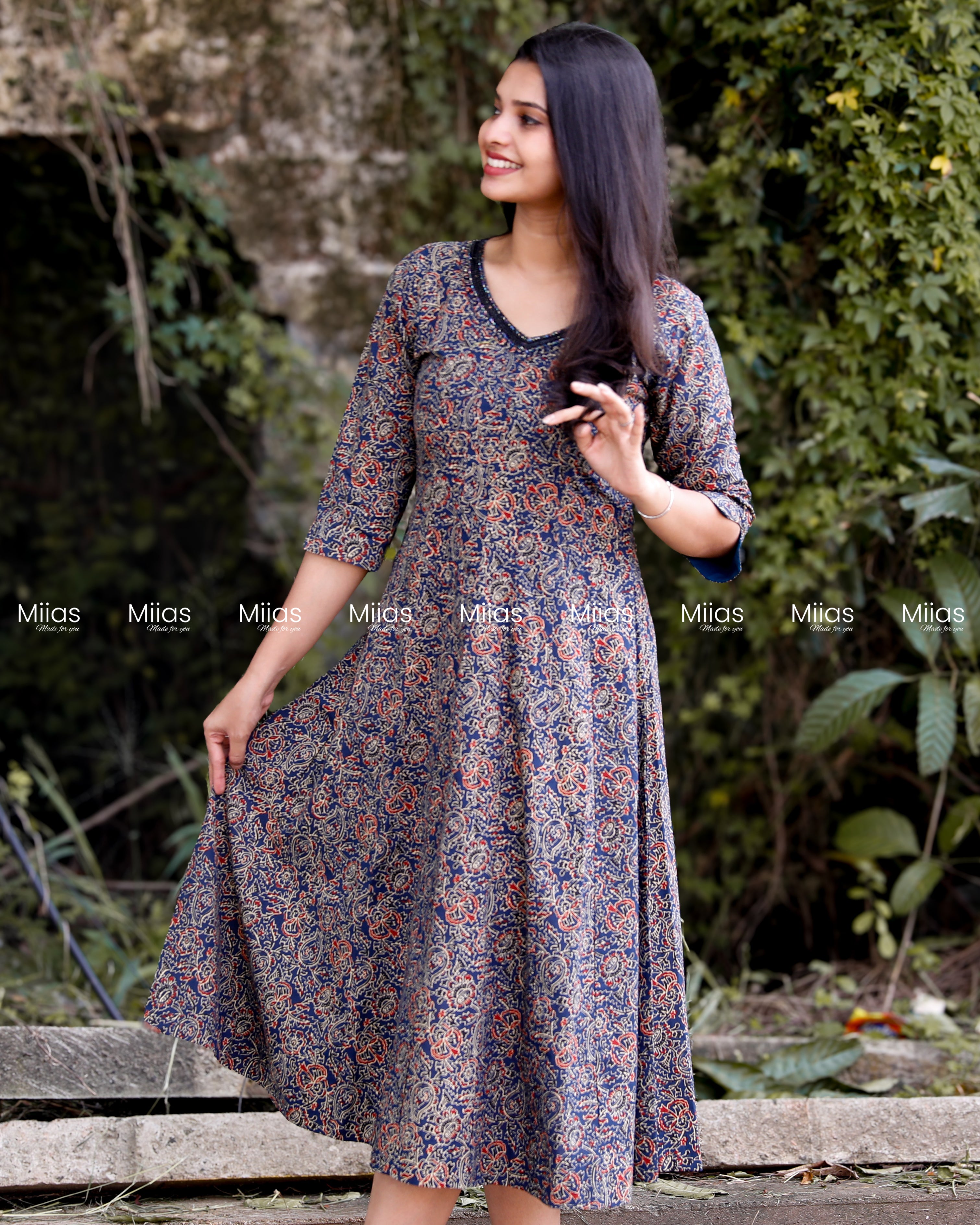 Cotton Ajrakh Panel Dress Kurti | Beaded Sequin Neckline | Blue