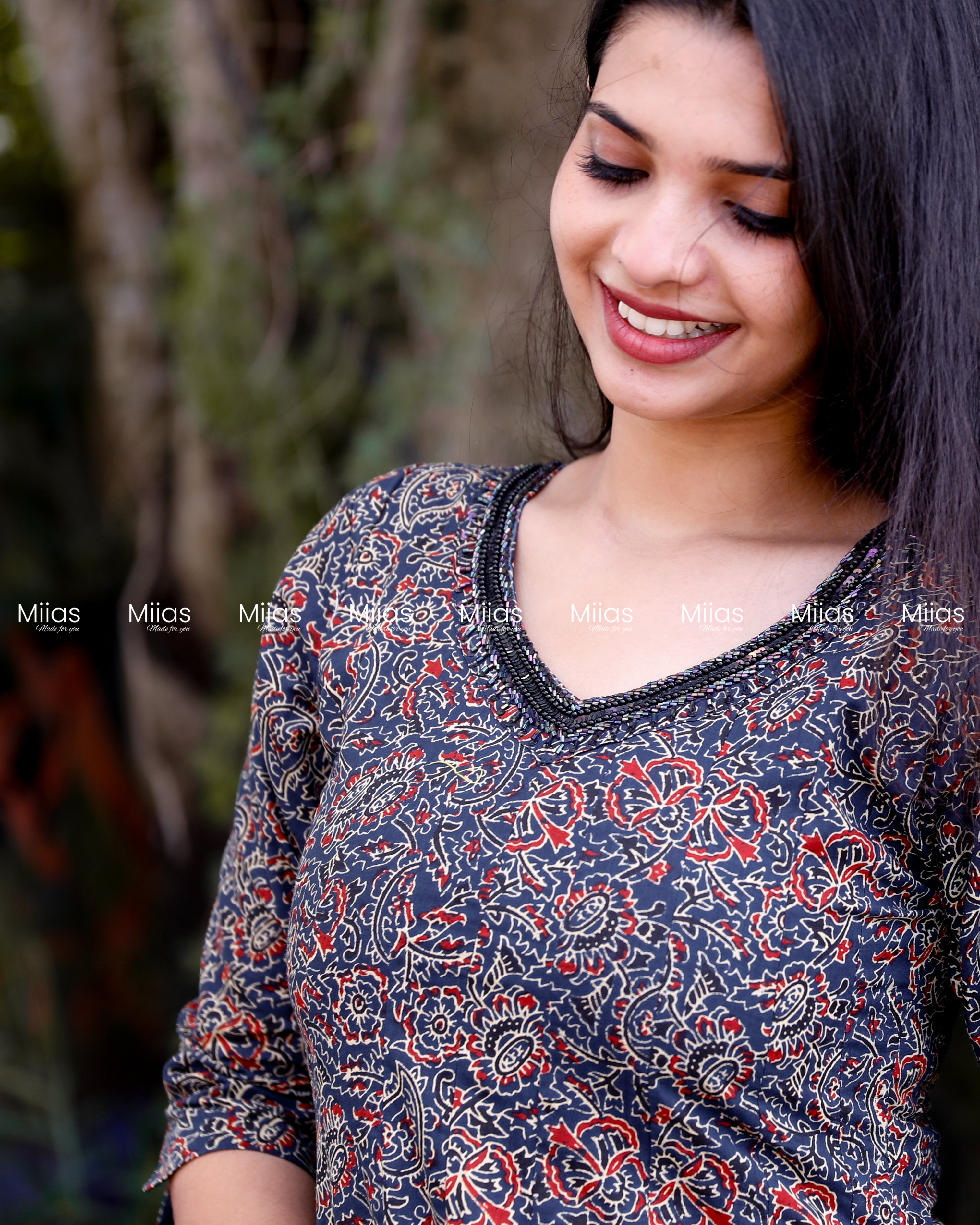 Cotton Ajrakh Panel Dress Kurti | Beaded Sequin Neckline | Blue