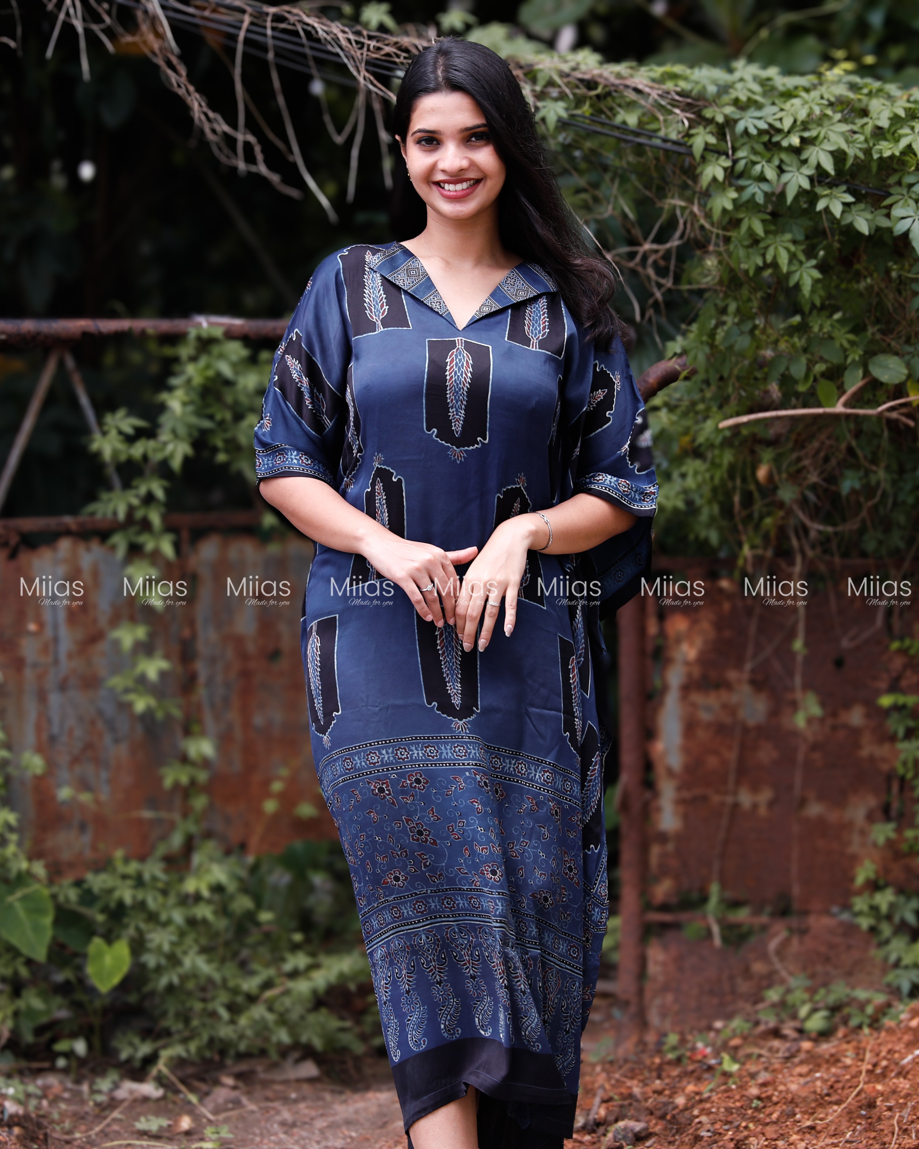 Pure Modal Silk Kaftan | Folding Collar | Blue