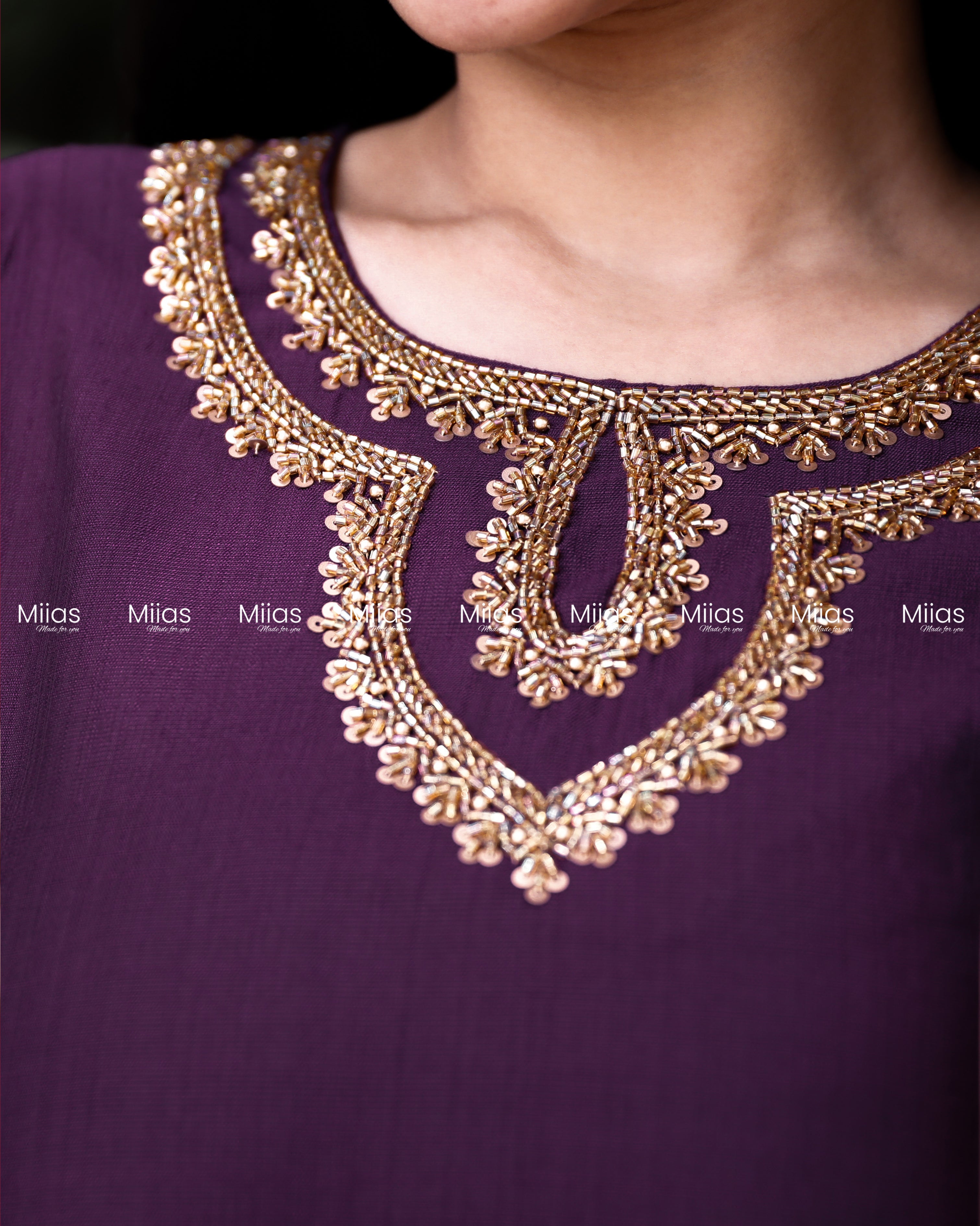 Vatican Fabric Slit Top | Beaded Round Neck | Purple