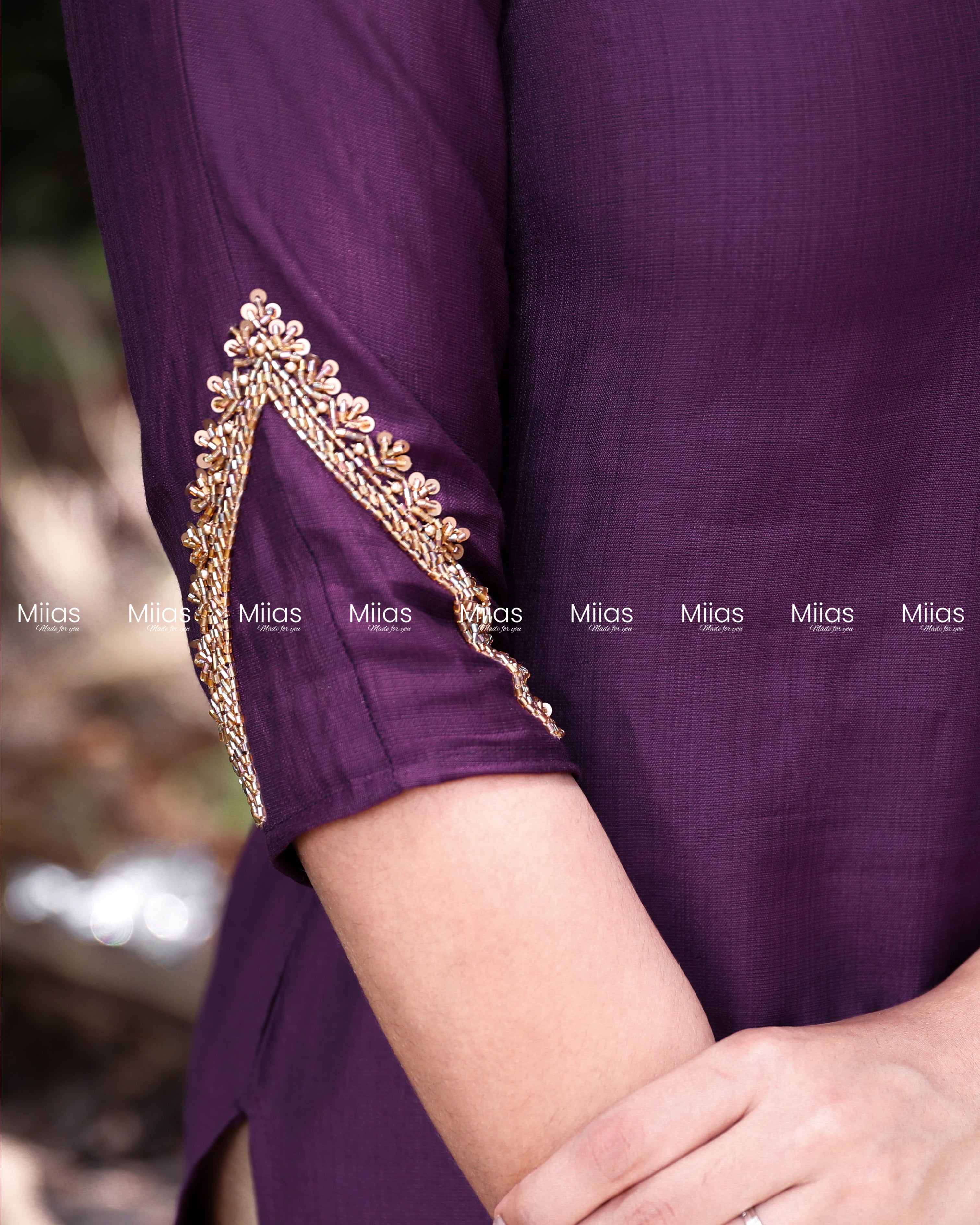 Vatican Fabric Slit Top | Beaded Round Neck | Purple