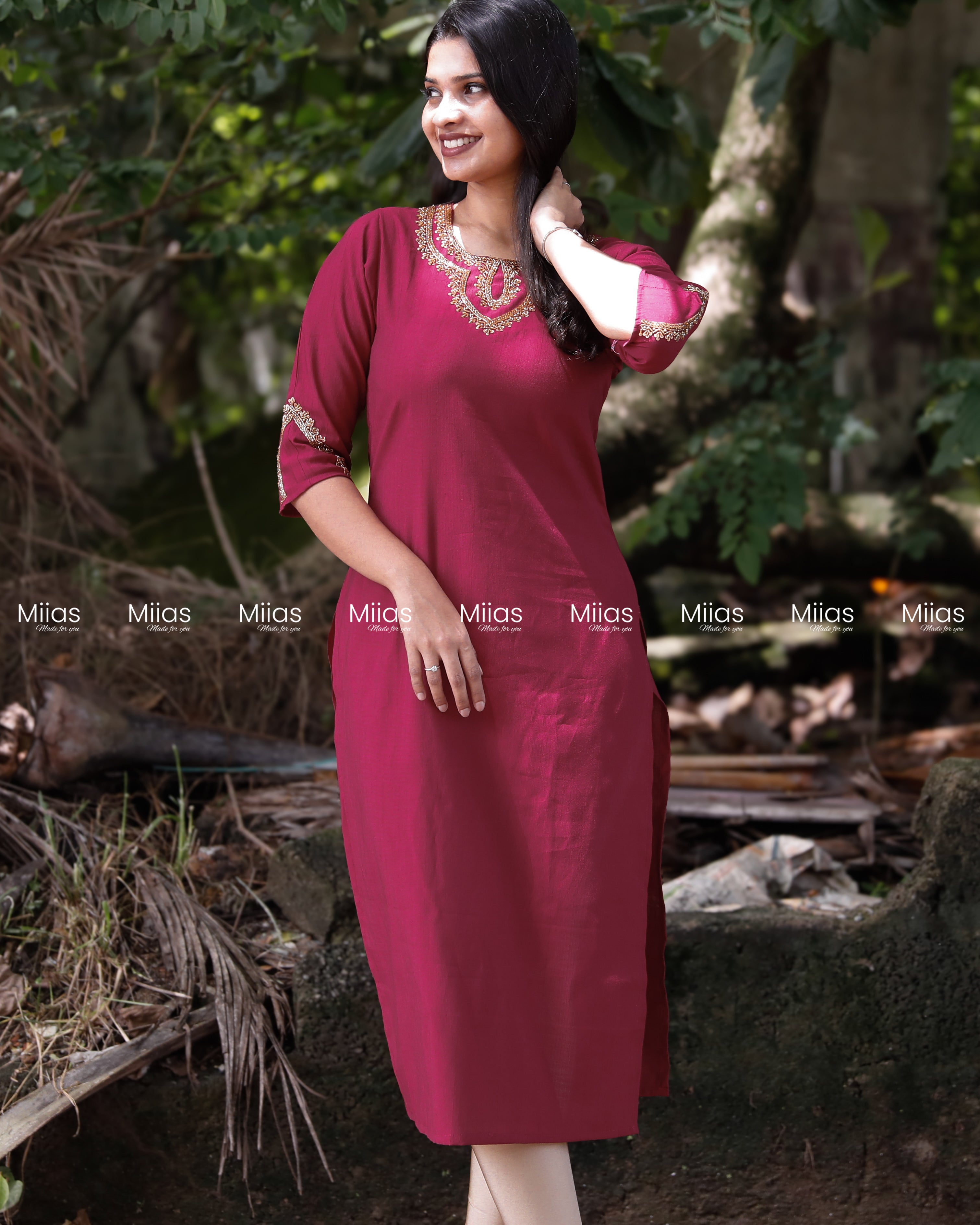 Vatican Fabric Slit Top | Beaded Round Neck | Rani Pink