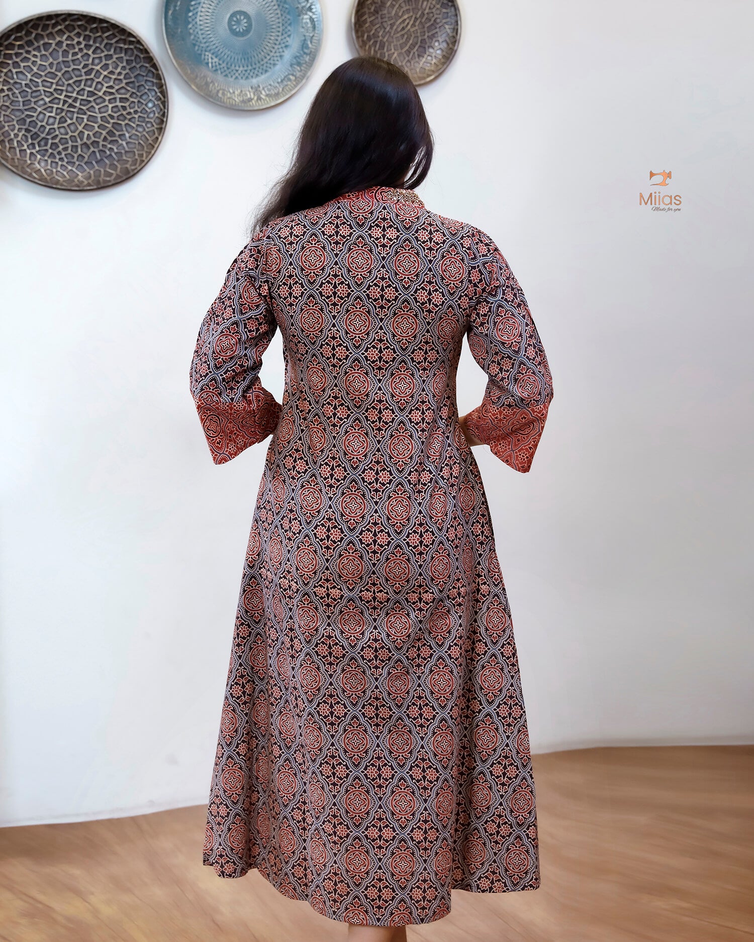 Ajrakh Cotton A-Line Kurti | Overlap Collar | Brick Red