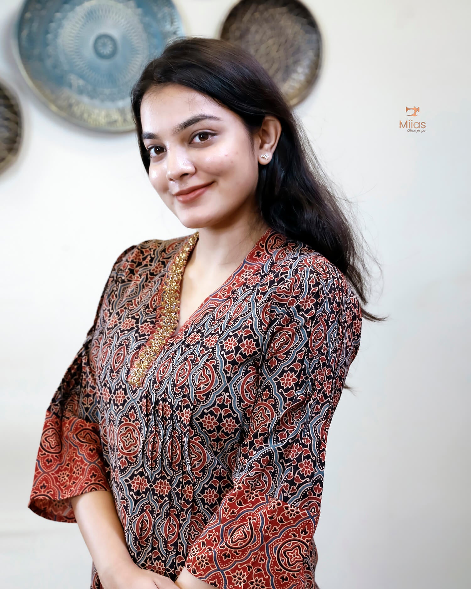 Ajrakh Cotton A-Line Kurti | Overlap Collar | Brick Red