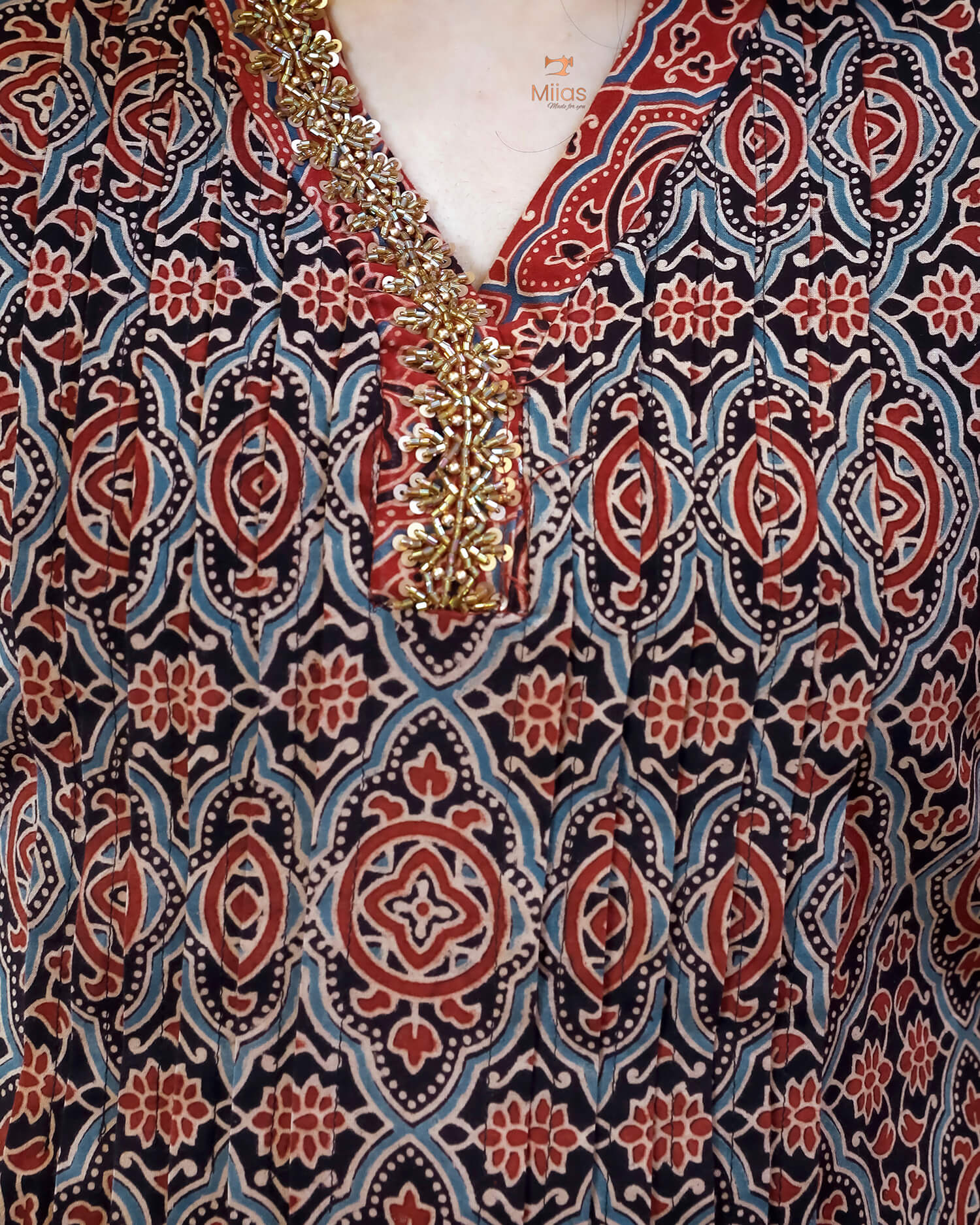 Ajrakh Cotton A-Line Kurti | Overlap Collar | Brick Red