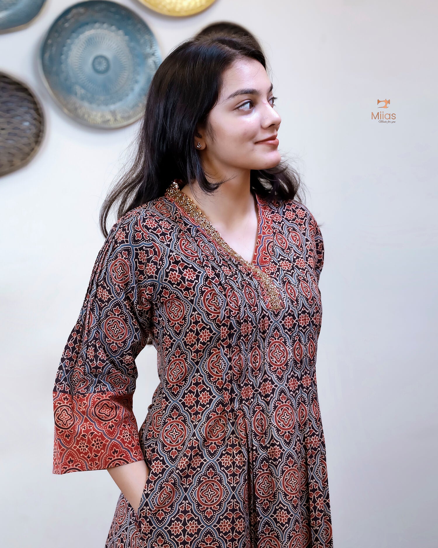 Ajrakh Cotton A-Line Kurti | Overlap Collar | Brick Red