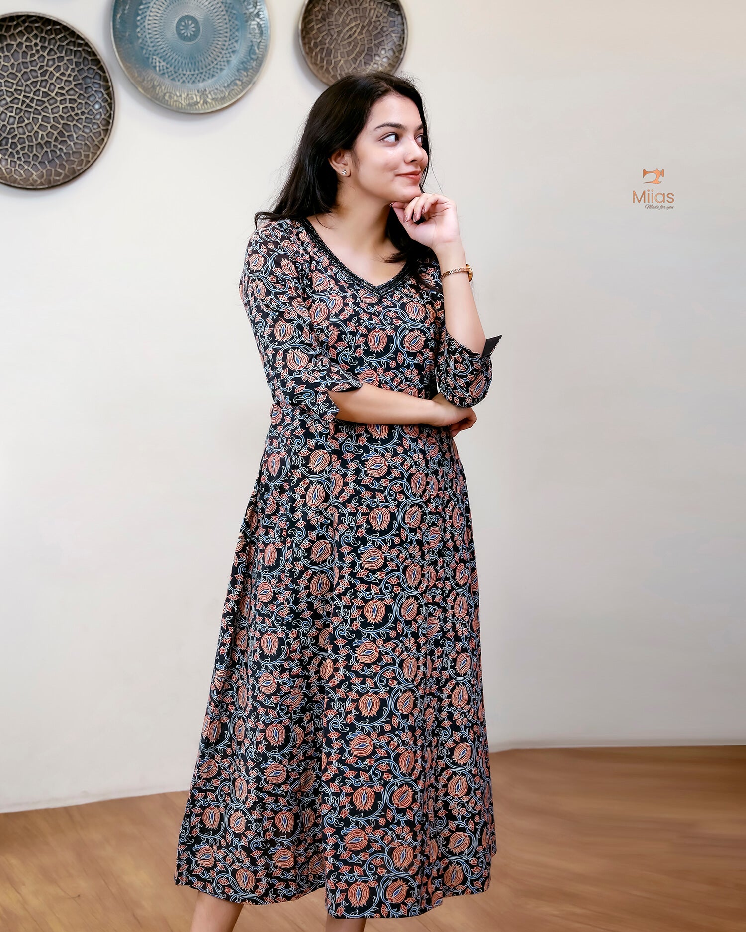 Cotton Ajrakh Kurti | Embroidered | Panel Cut | Black