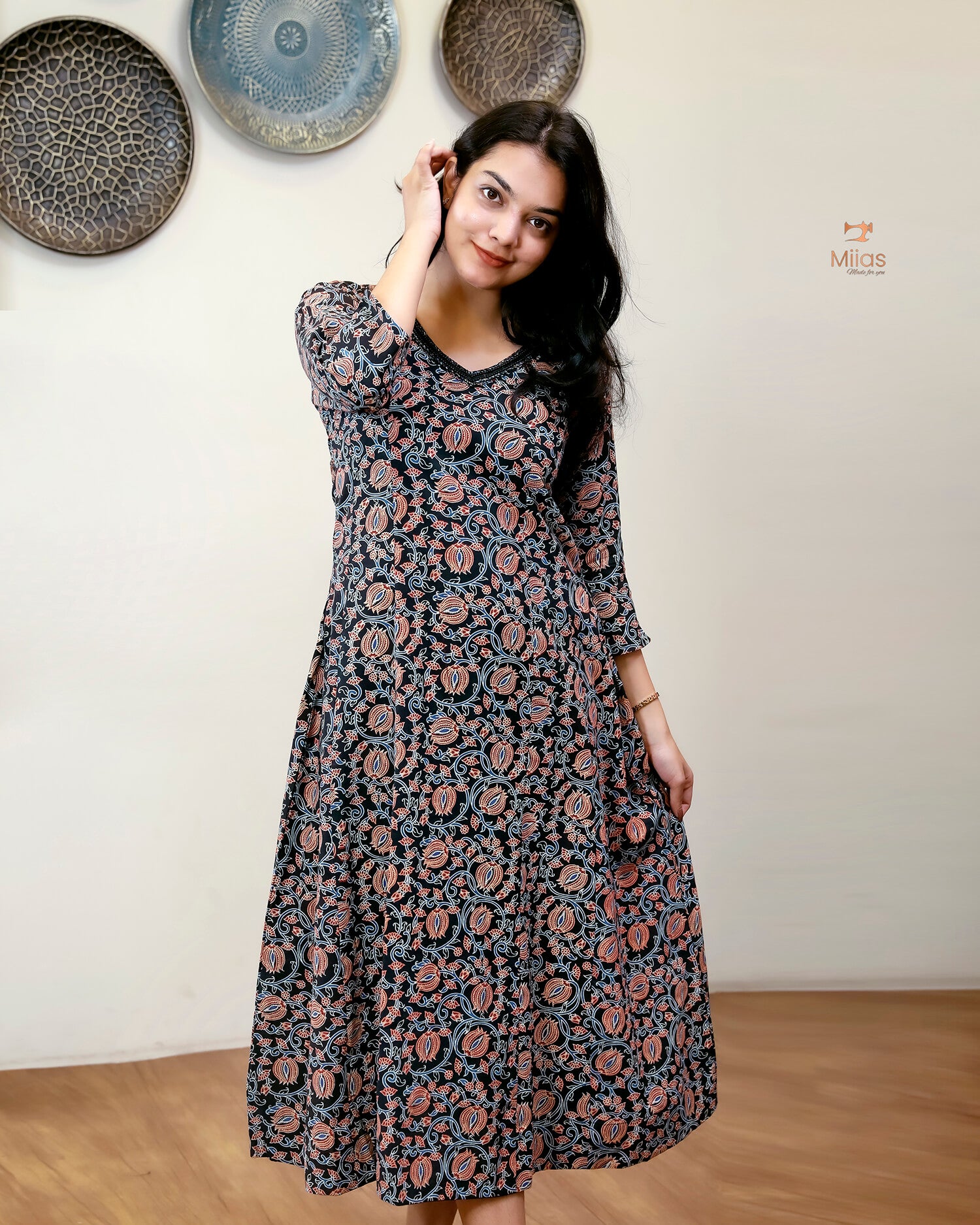 Cotton Ajrakh Kurti | Embroidered | Panel Cut | Black