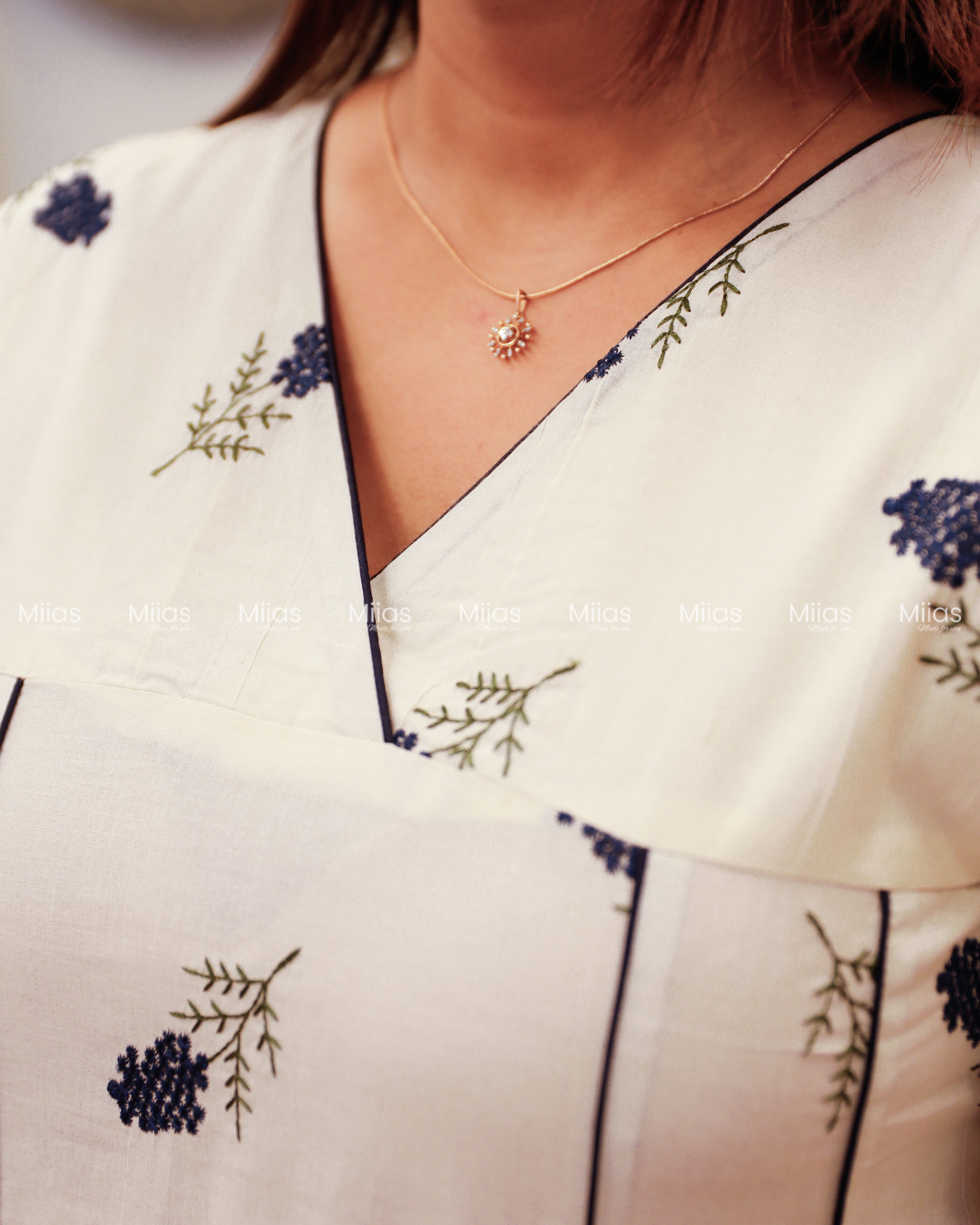 Kora Cotton 5-Panel Kurti | Embroidered + Contrast Piping | Off-white with Blue