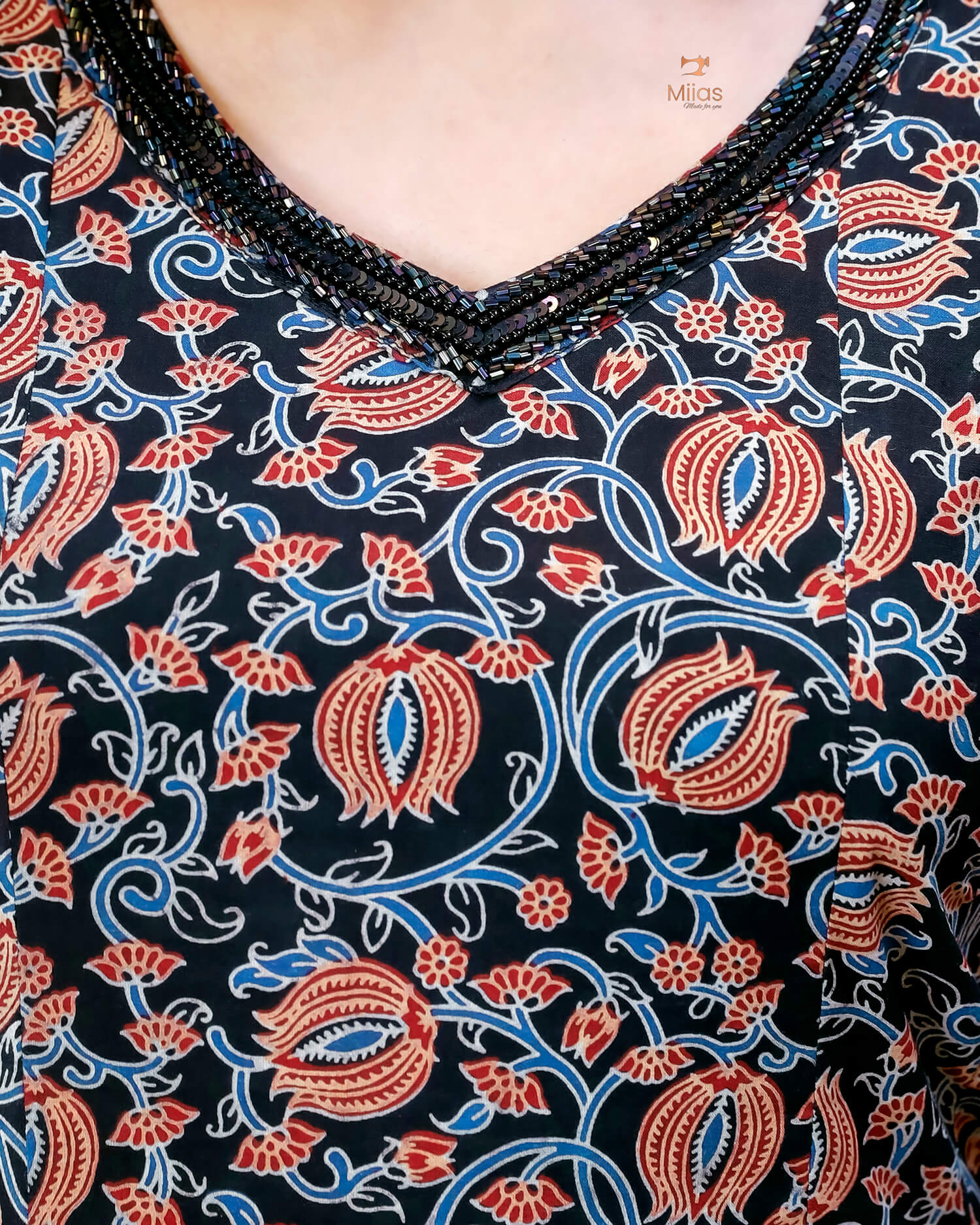 Cotton Ajrakh Kurti | Embroidered | Panel Cut | Black