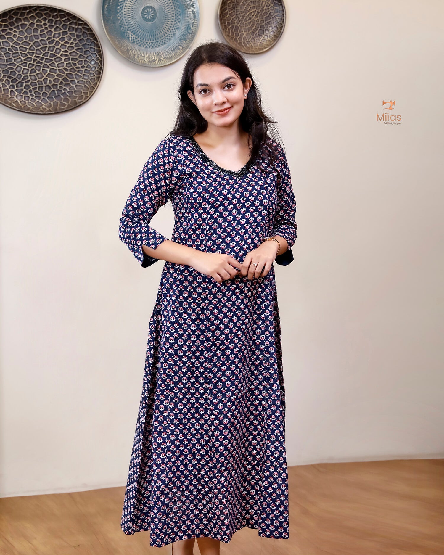Cotton Ajrakh Kurti | Embroidered | Panel Cut | Blue