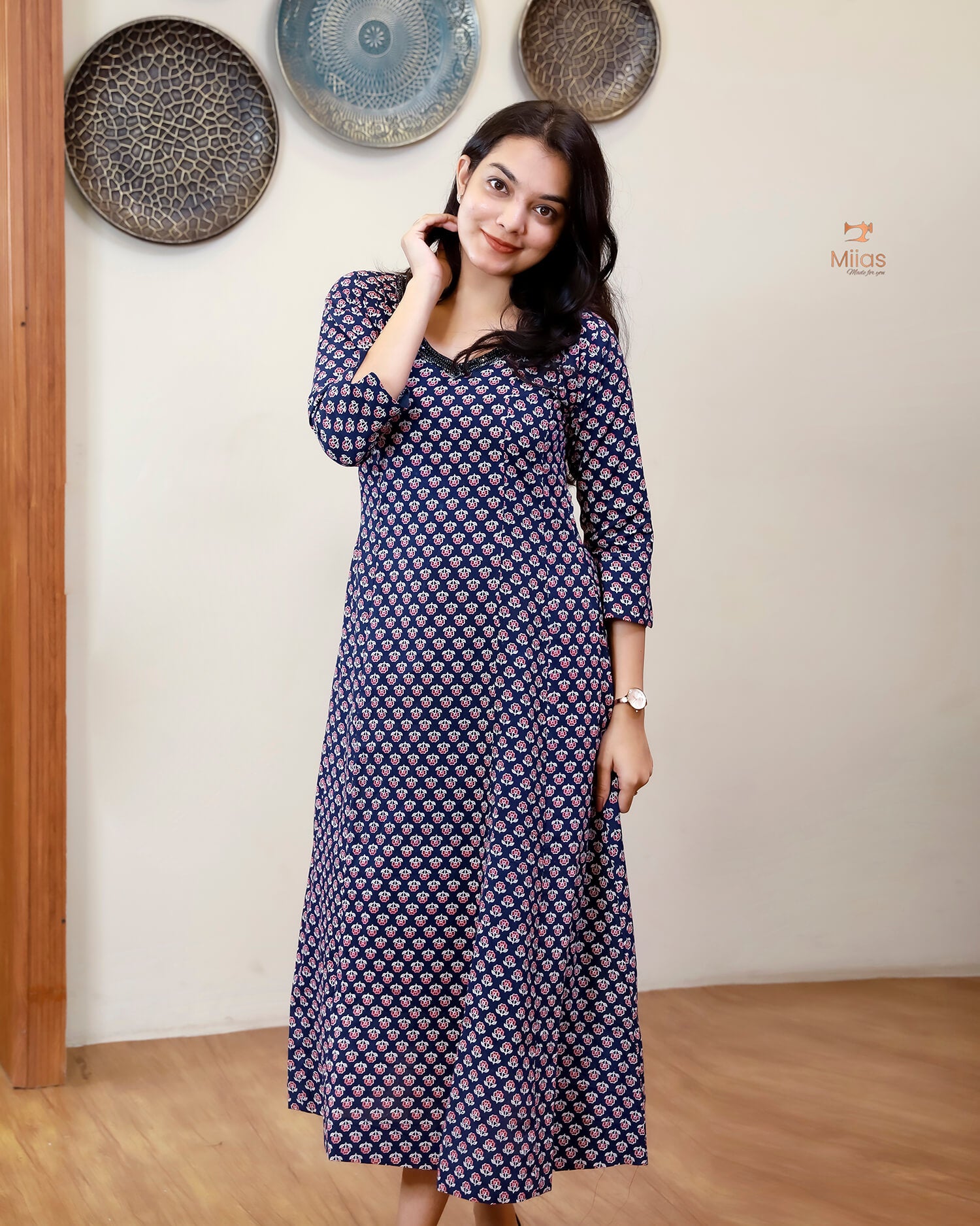 Cotton Ajrakh Kurti | Embroidered | Panel Cut | Blue