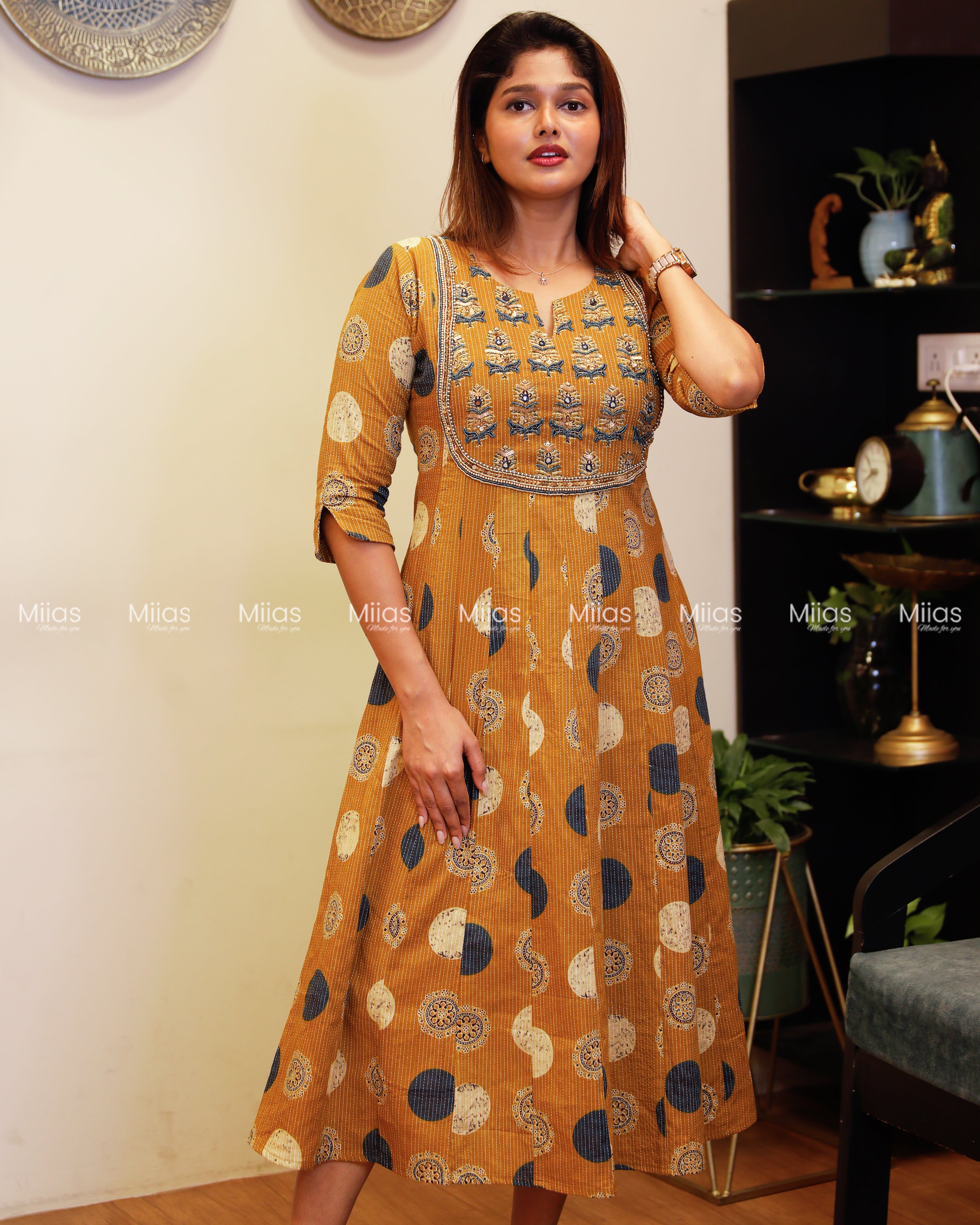 Ajrakh Kantha Cotton Kurti | Beaded U-Neck + Slit Sleeves | Mango Yellow