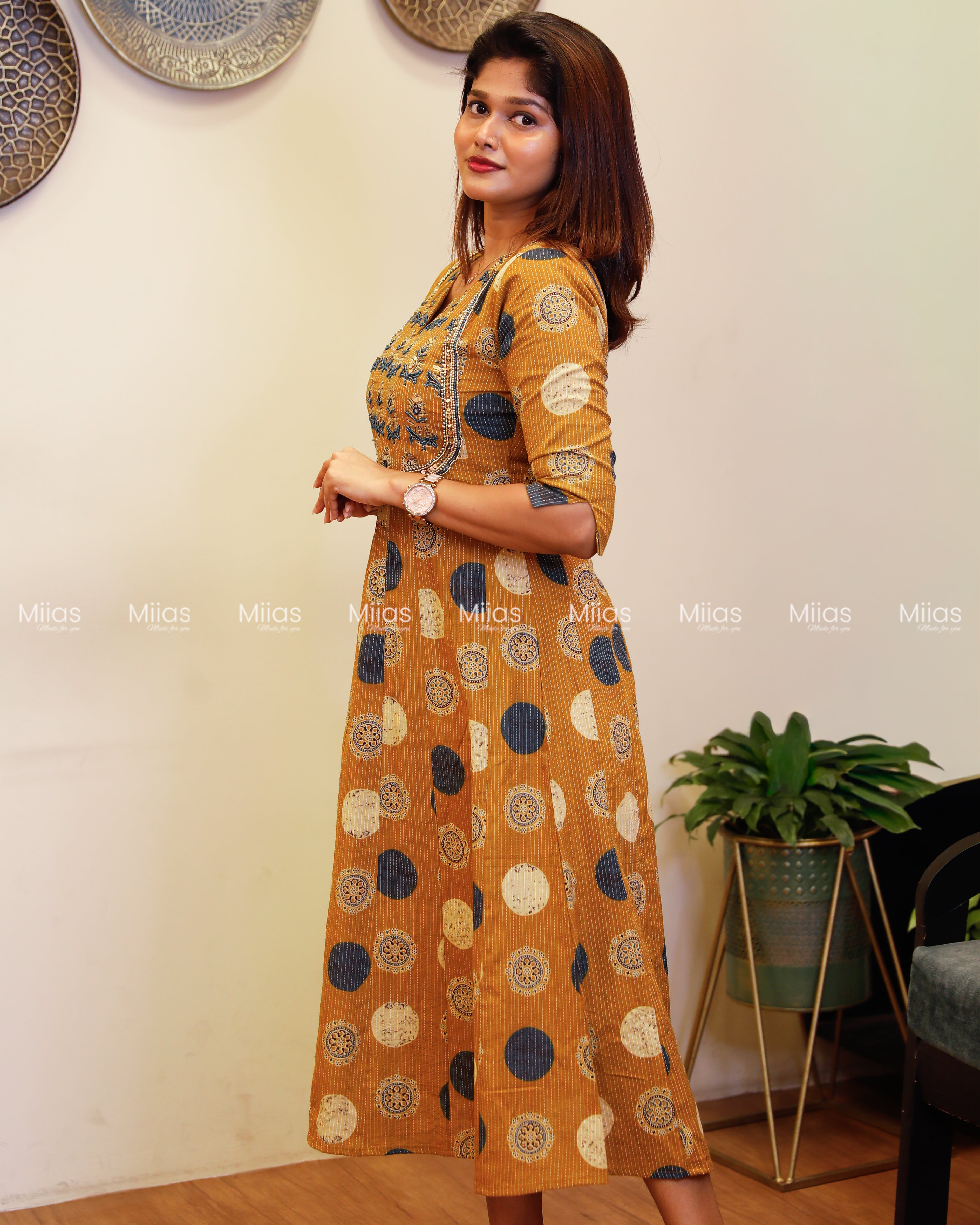 Ajrakh Kantha Cotton Kurti | Beaded U-Neck + Slit Sleeves | Mango Yellow