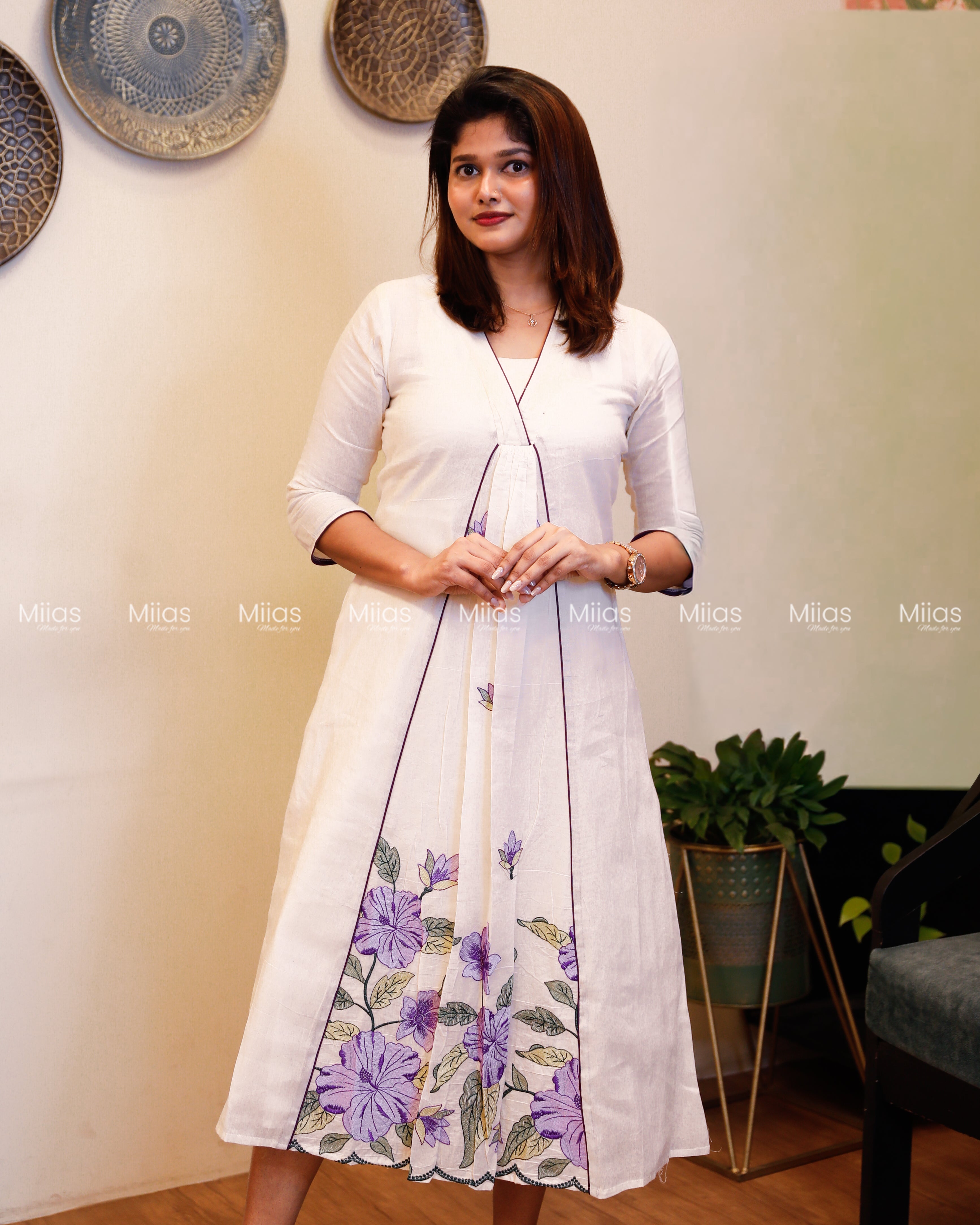 Kora Cotton 3-Panel Dress Kurti | Embroidered + Pleats | Off-White